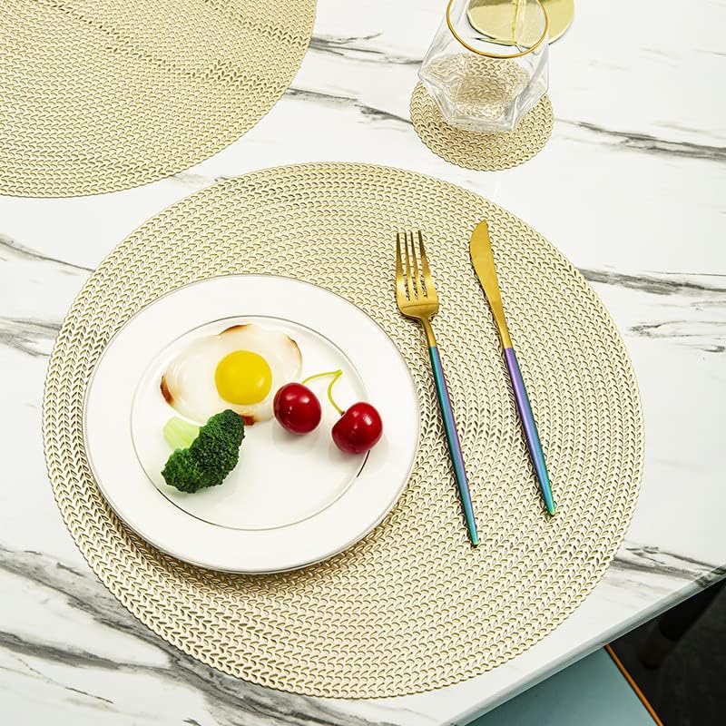 Miniatura 3 de 6 juegos de manteles individuales y posavasos huecos para mesa de hogar, tapete protector decorativo de vinilo antideslizante (dorado-trigo)