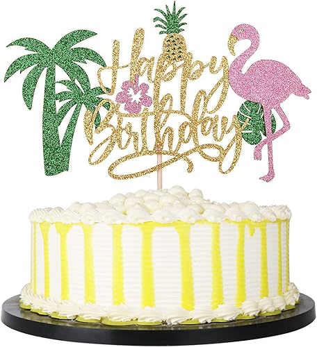PALASASA Decoración para tartas de cumpleaños con flamenco con purpurina, temática hawaiana de piña tropical Luau para niños y niñas, suministros de