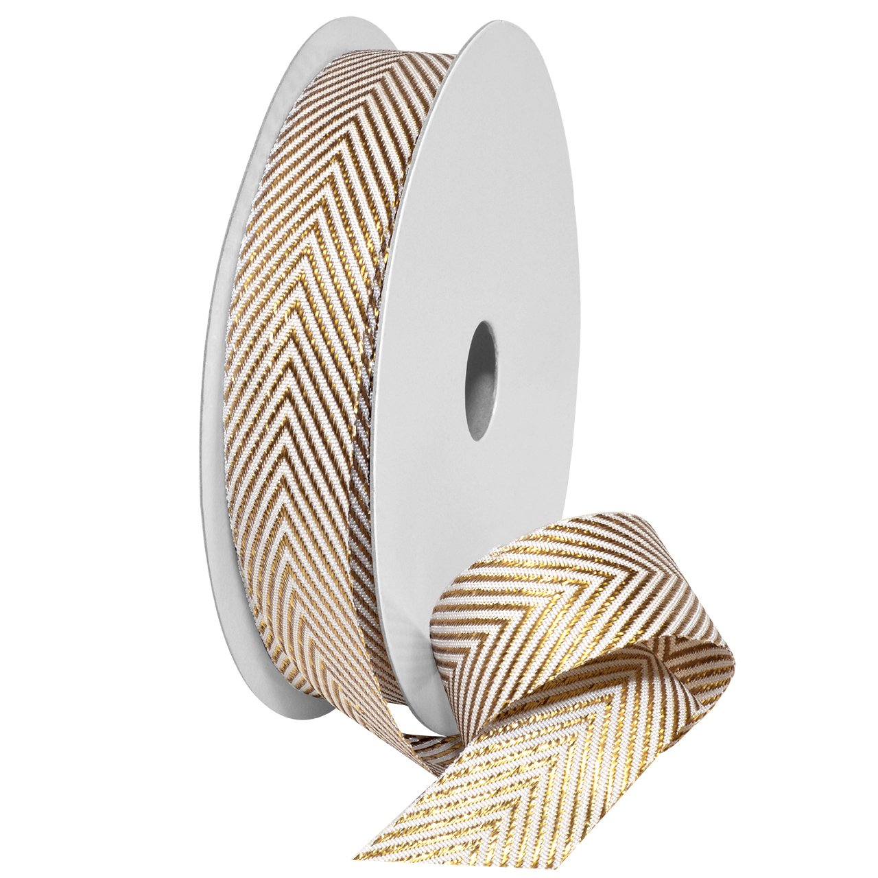 Ruban polyester métallique haut de gamme à motif chevrons Morex Ribbon blanc or