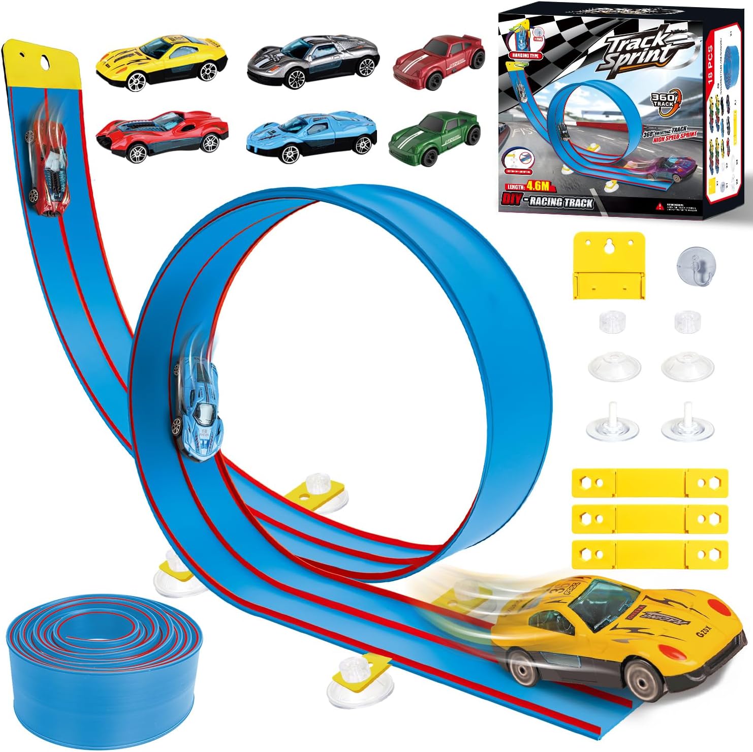 15Ft Flex Race Track for Kids, Blue and Red Double Lane Flexible Race Car Ramp Track with Suction Cups, 6 Cars, DIY Car Track Set Rolls up Portable Racetrack for Toddlers Ages 3-8.