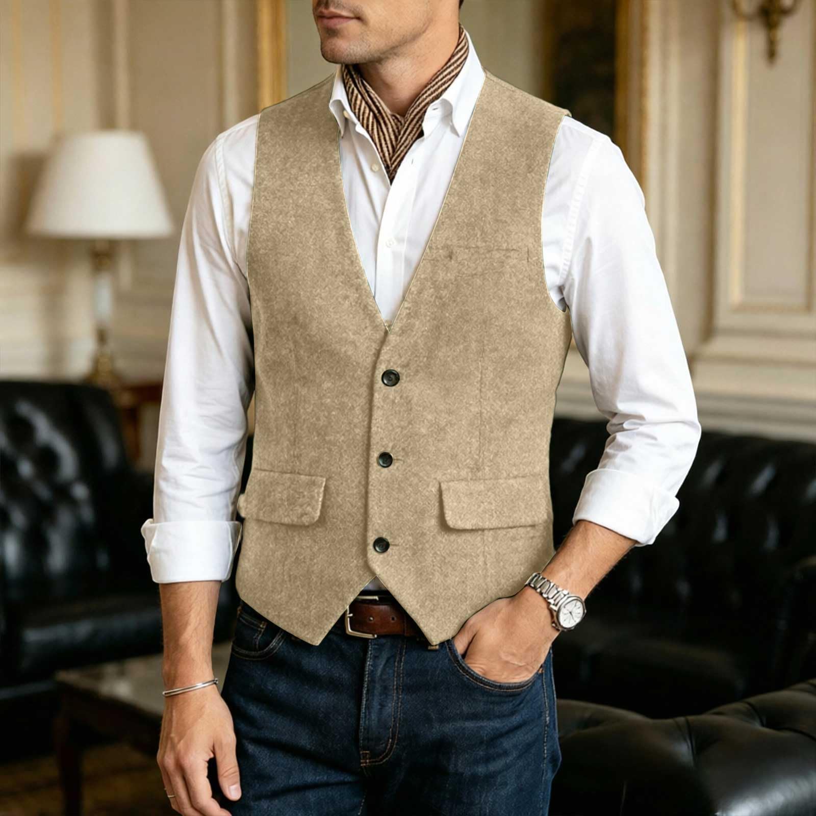Plus Size Waistcoat Mens Single Breasted Casual Big Tall Beer Festival, c-Beige - Image 2