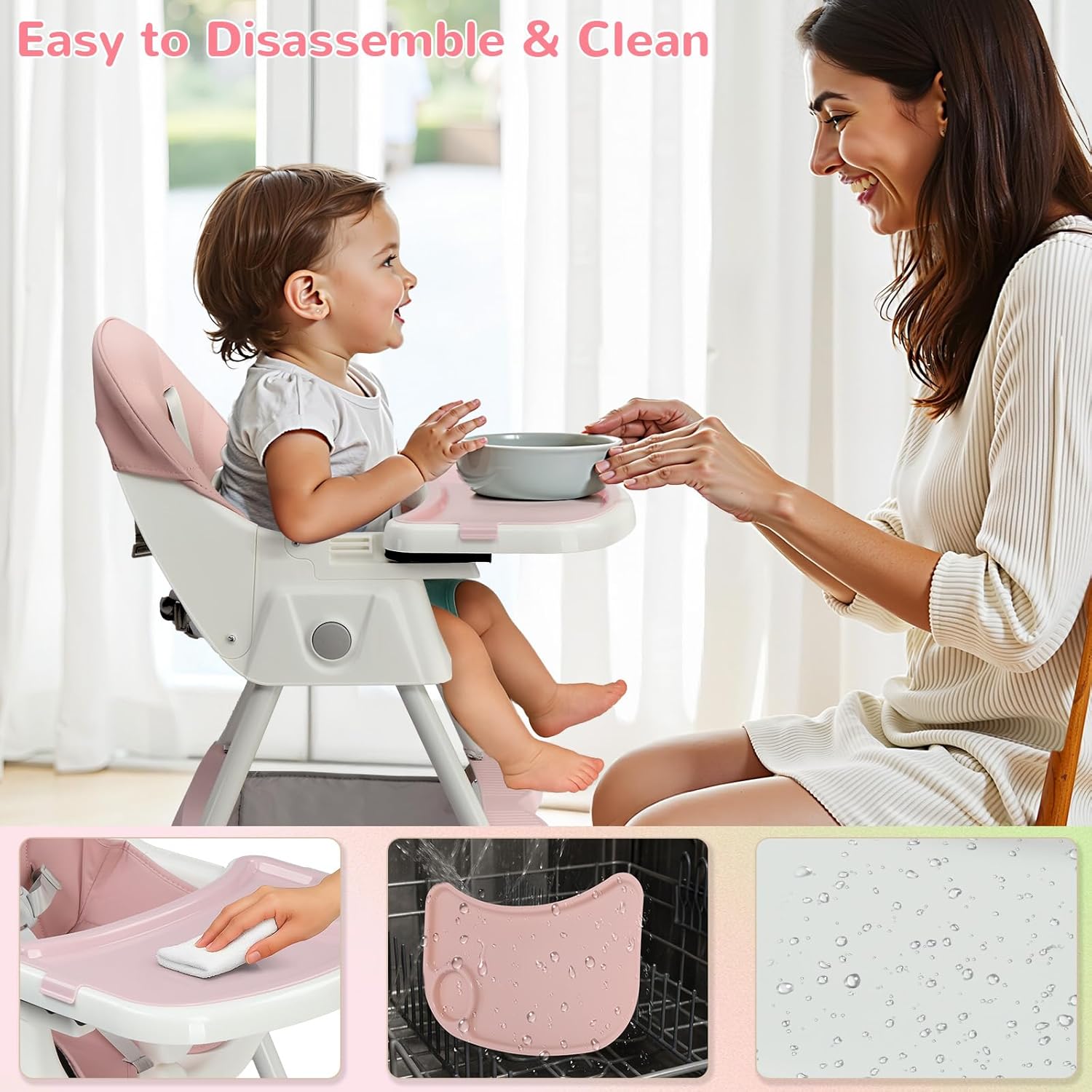 Ktaxon Foldable Baby High Chair, 2-in-1 Portable Convertible Highchair with 5-Point Safety Harness, Easy to Clean Tray and Storage Bag for Toddlers & Babies, Pink