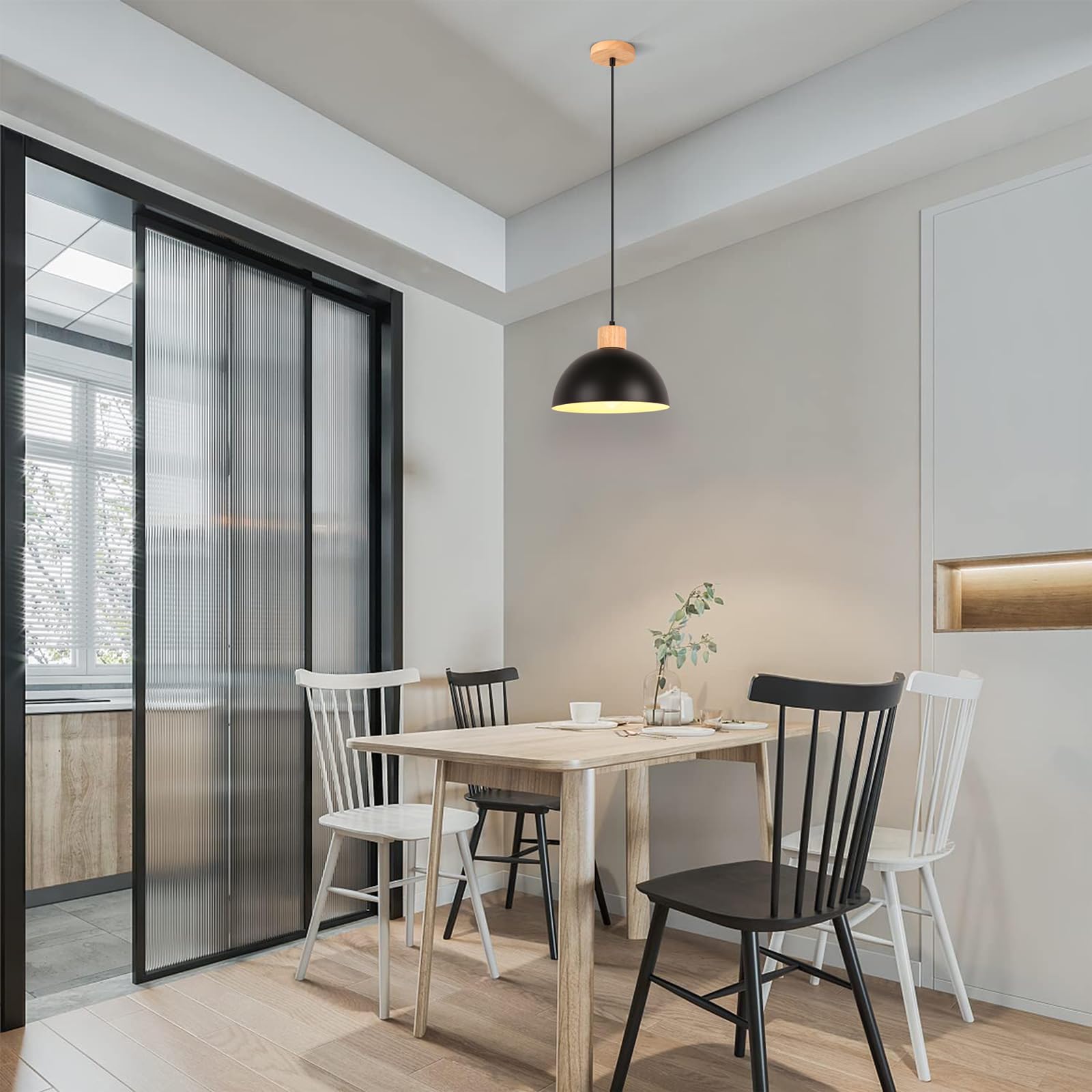 iDEGU Zestaw 2 żyrandoli wiszących w stylu retro, nowoczesny styl, półokrąg, lampa sufitowa E27, drewniana metalowa lampa wisząca do jadalni, kuchni, salonu, sypialni, Ø 25 cm (czarna)