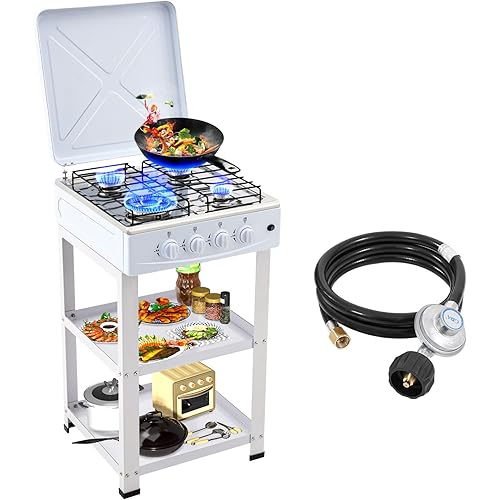 4 Burner Propane Gas Stove,300000BTU Portable Gas Stove with Support Leg Stand and Wind Blocking Cover Adapter Auto Ignition Camping Stove,propane burner for RV, Apartment, Outdoor Cooking