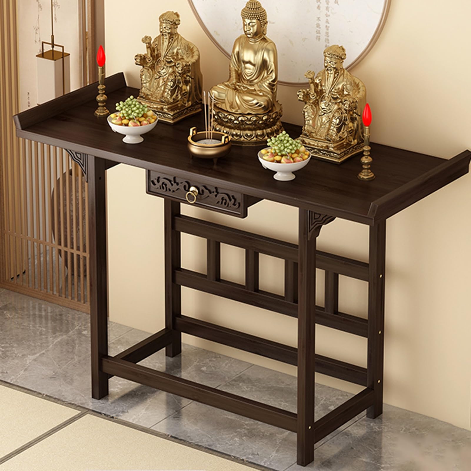 Table d'autel bouddhiste 100 cm avec tiroir et support de prière en bois