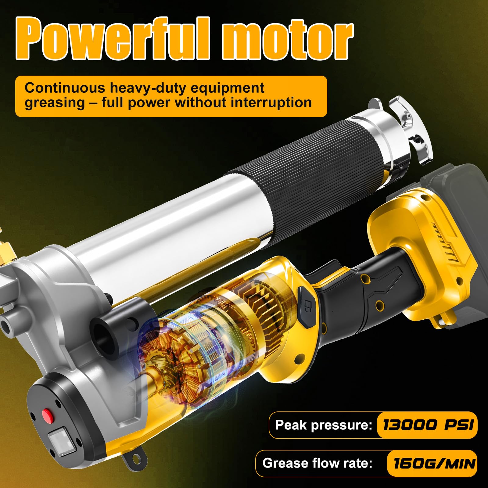 Pistola de engrase a batería compatible con batería Dewalt de 20 V, caudal de 160 g/min, 6000 – 13000 PSI de alta presión | Luz LED, diseño 2 en 1 (parado/tumbado), para coche, maquinaria