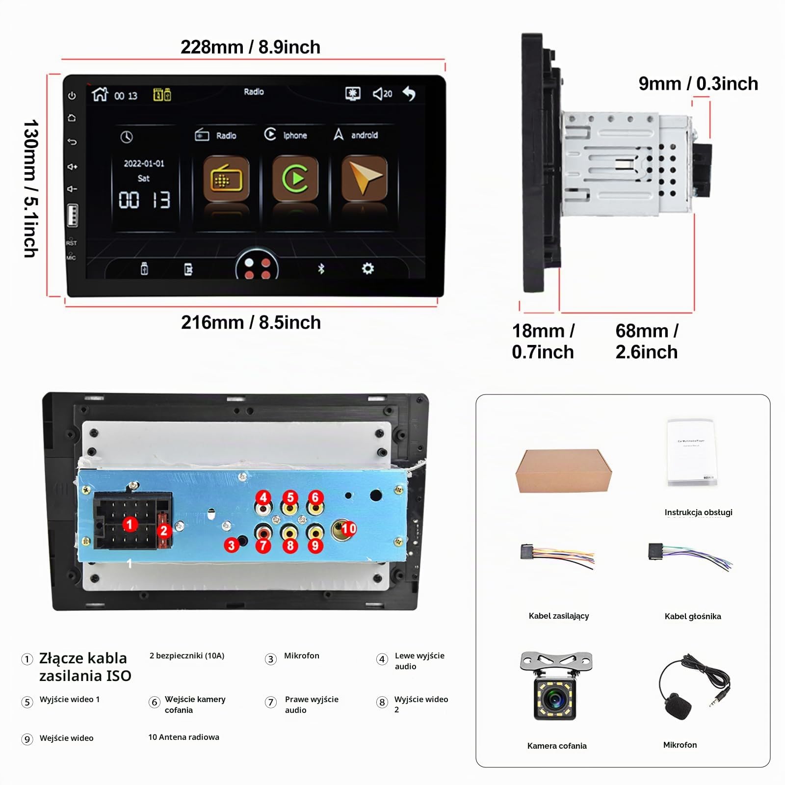SIXWIN Radio samochodowe 1 DIN Carplay 9-calowy ekran dotykowy odtwarzacz kompatybilny z bezprzewodowym odtwarzaczem CarPlay/Android Auto Bluetooth 5.0 FM RDS Radio USB AUX-in/Link do lusterka+kamera