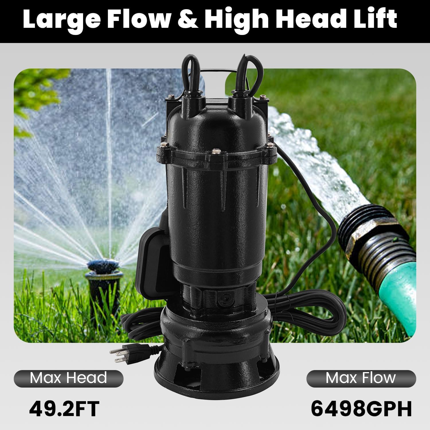 2HP 110V Submersible Sump Pump, 6498GPH Cast Iron Sewage/Effluent Pump 1500W w/66ft Hose and Automatic Float Switch, For Basement Sump and Sewage Well, 2 inch Discharge