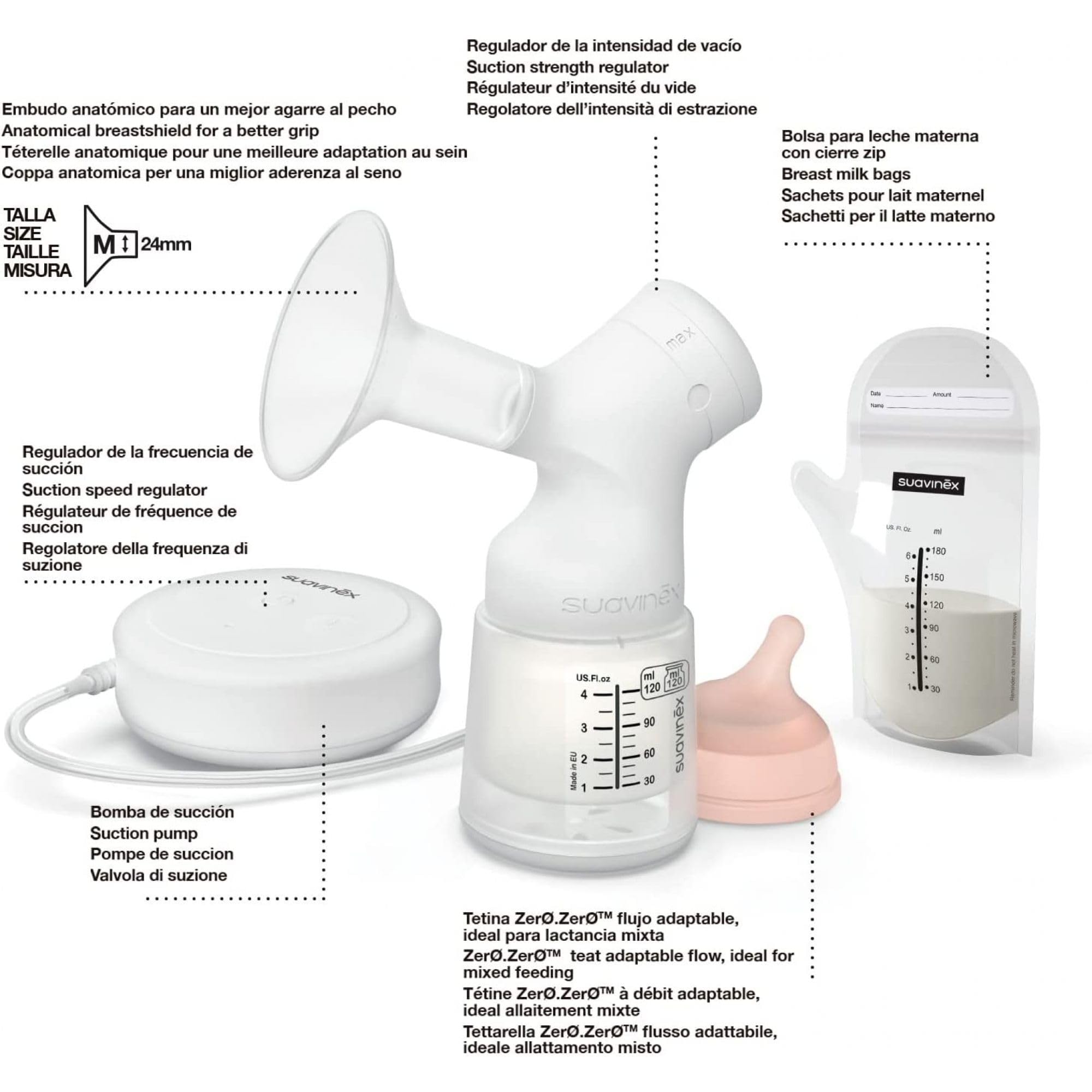 Tire-lait électrique avec biberon anti-colique Zerø.Zerø 120 ml - Suavinex