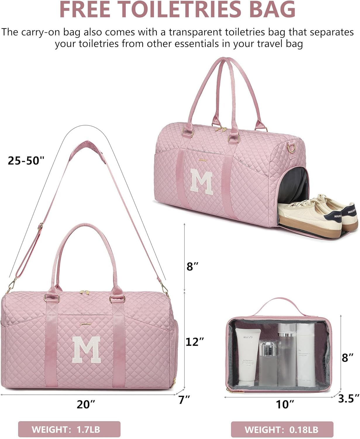 Women Weekender Travel Duffle Bag: Initial Duffel Overnight Bags with Shoe Compartment Large Carry on Tote with Toiletry Bag Weekend Traveling Yoga Gym Hospital Bag for Women with Wet Pocket Letter M - Image 2