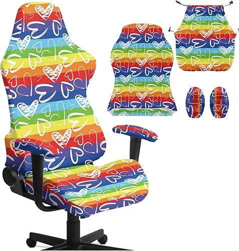 Rainbow Stripes Chair Covers for Adults Vibrant Ergonomic Gaming Chair Cover with Arm Covers Colorful Video Game Chairs for Young Adults & College