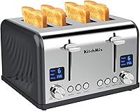 KitchMix 4-Slice Stainless Steel Bagel Toaster with LCD Timer, Extra Wide Slots, Dual Screens & Removable Crumb Tray - Gray