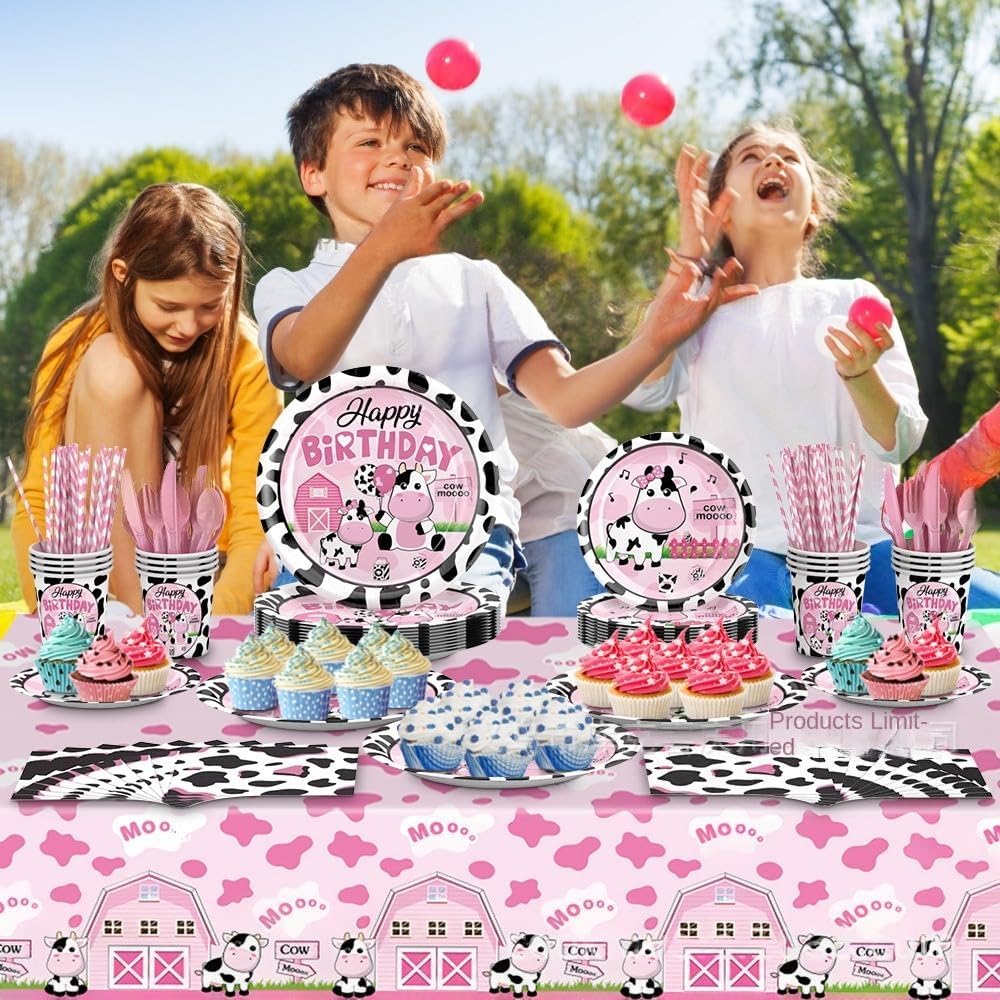 212 Pcs Cow Party Decorations, Farm Pink Cow Birthday Supplies Tableware Set Serves 24, with Plates Napkins Cups Fork Knives Spoon Tablecloth Balloons Banner, Moo Themed Disposable Dinnerware