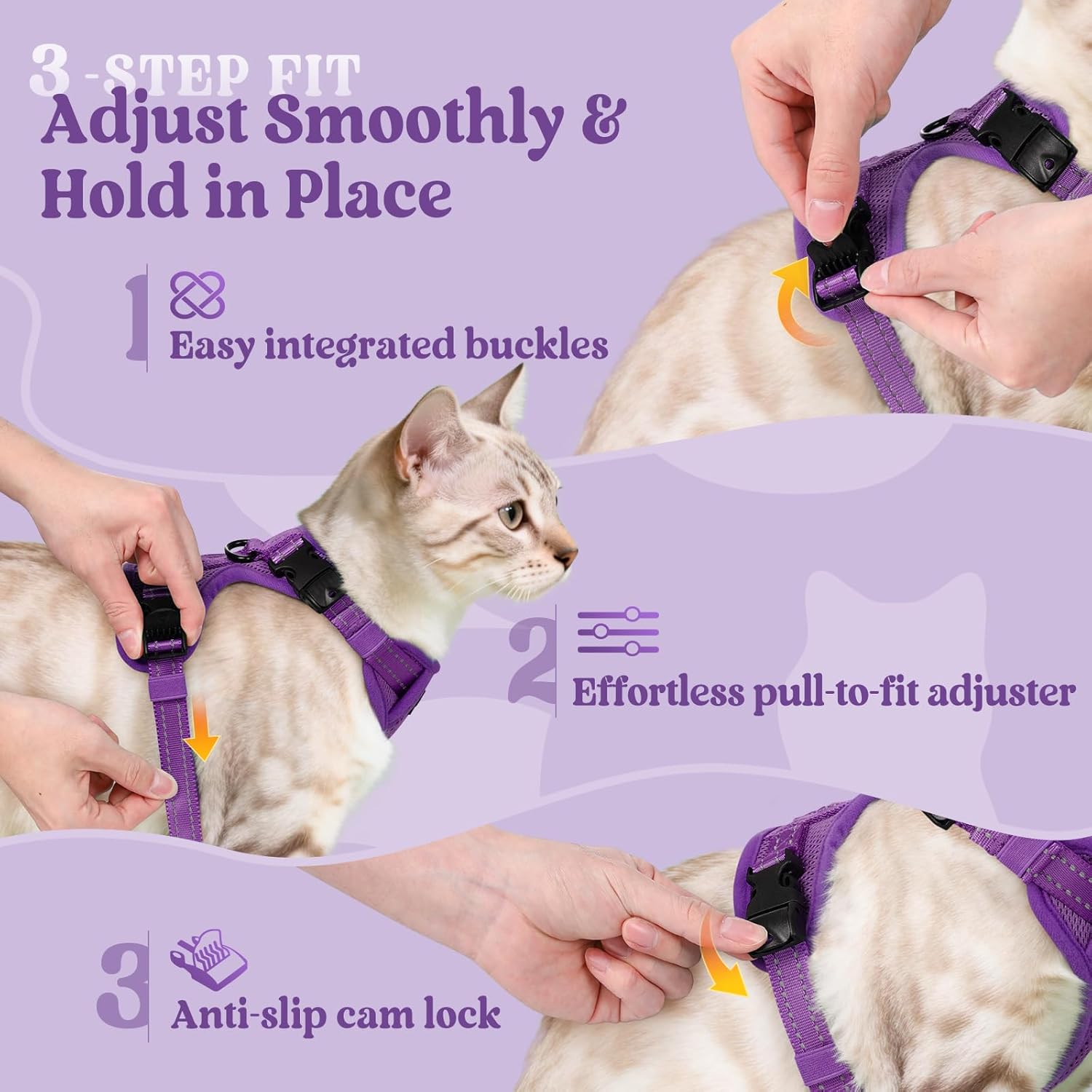 rabbitgoo Cat Harness and Leash, Escape Proof Vest with 3 Adjustable Buckles, Soft Comfortable Kitten Harness, Easy to Wear, Reflective for Safe Outdoor Walking, XS, Purple