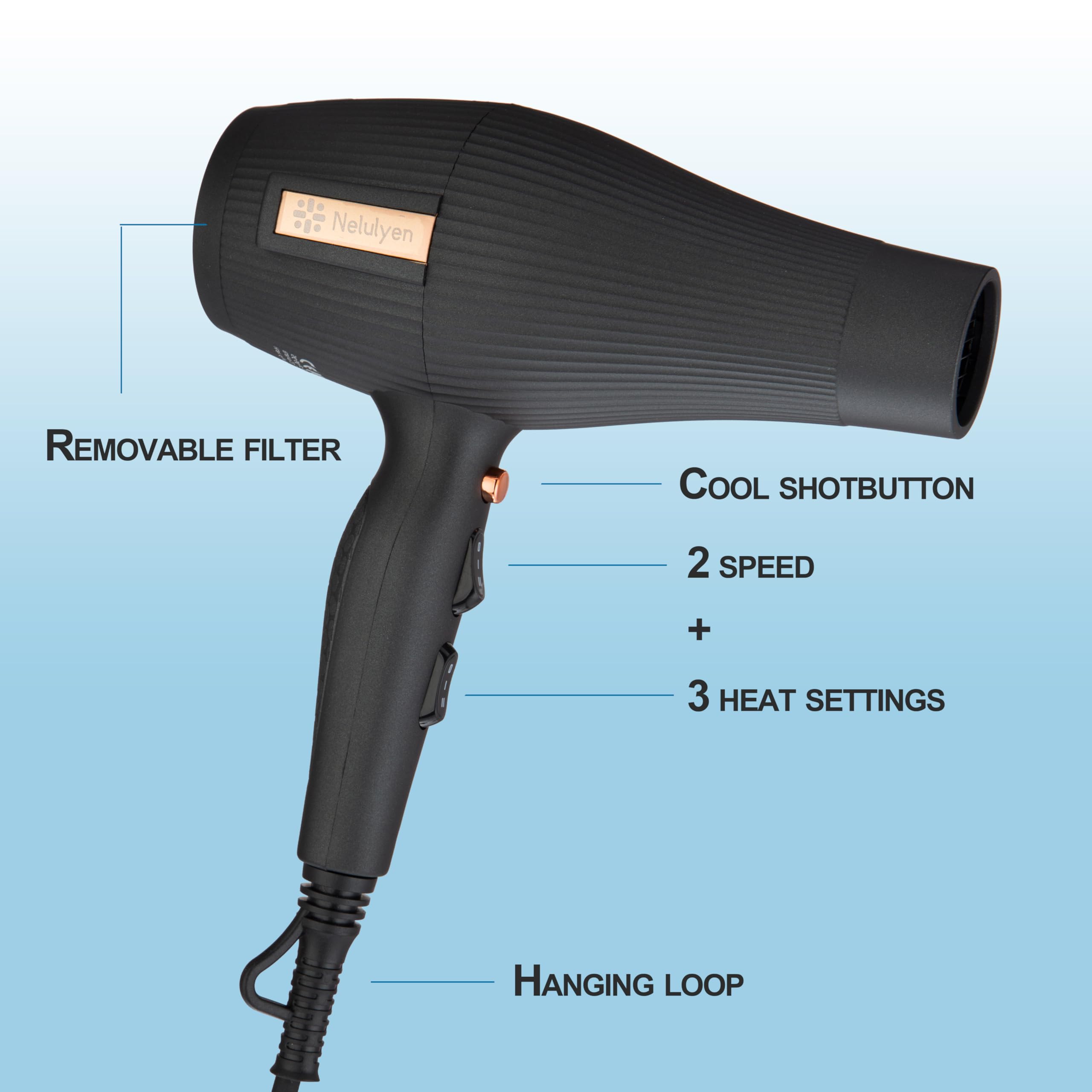 Secador de pelo secador de pelo iónico 2400 W, 2 velocidades, 3 ajustes de calor, 2 concentradores con 2 boquillas concentradas, 1 difusor, 1 cabezal de peine para salón de casa (negro)