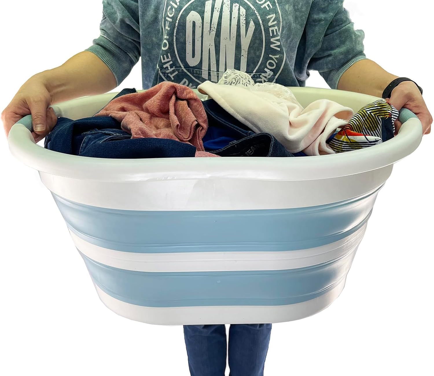 SAMMART 36L (9.5Gallons) Collapsible Plastic Laundry Basket - Oval Tub/Basket - Foldable Storage Container/Organizer - Portable Washing Tub - Space Saving Laundry Hamper (2, Grey/Sterling Blue)