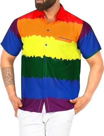 LA LEELA Mens Summer Beach Shirt Hawaiian Short Sleeve Button Down Pride Rainbow Flag Shirts for Men