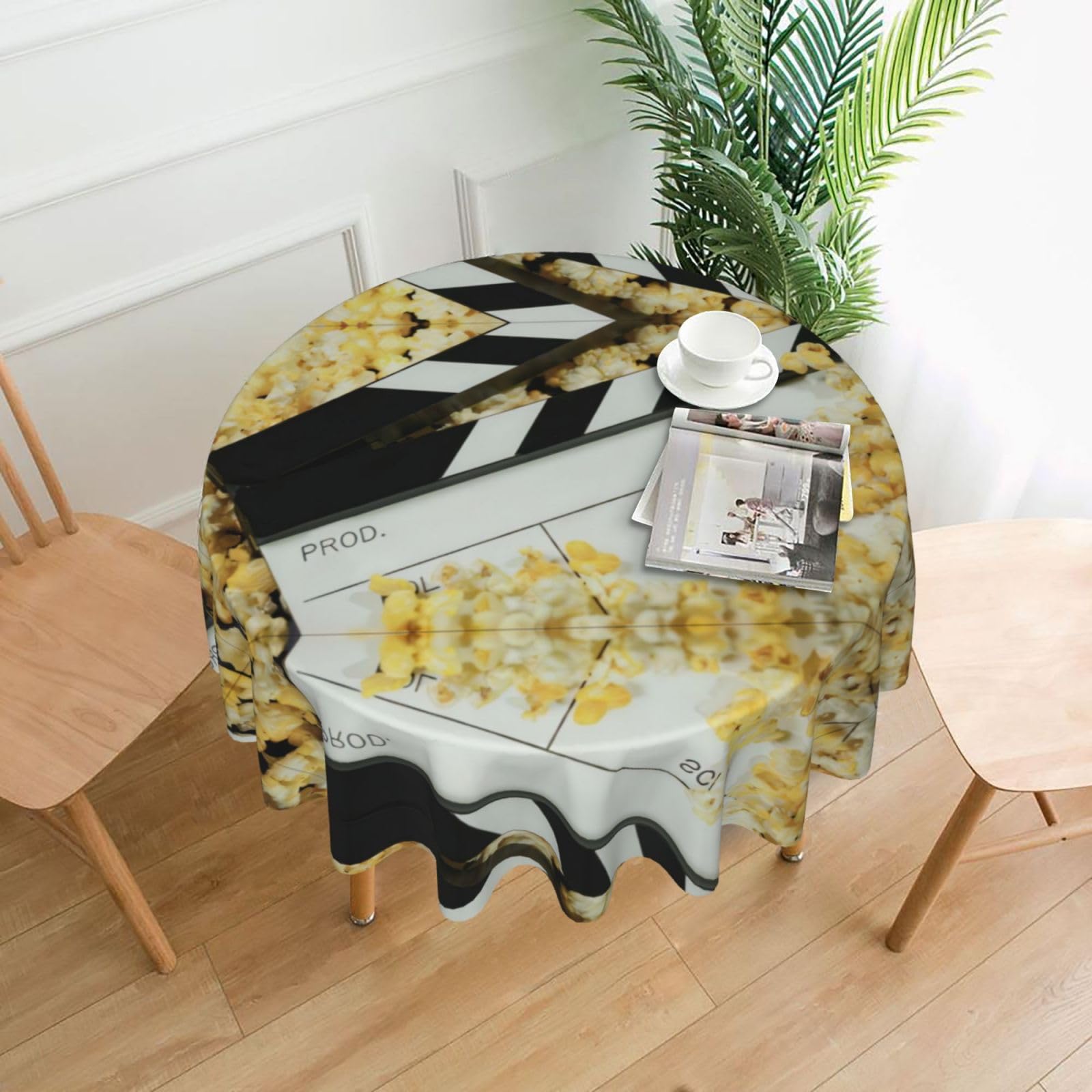 WHJSHOP Cinema Movie Clapboard And Popcorn Prints Round Decorative Throw – 60in Stylish Table Cover for Dining, Parties & Outdoor Events