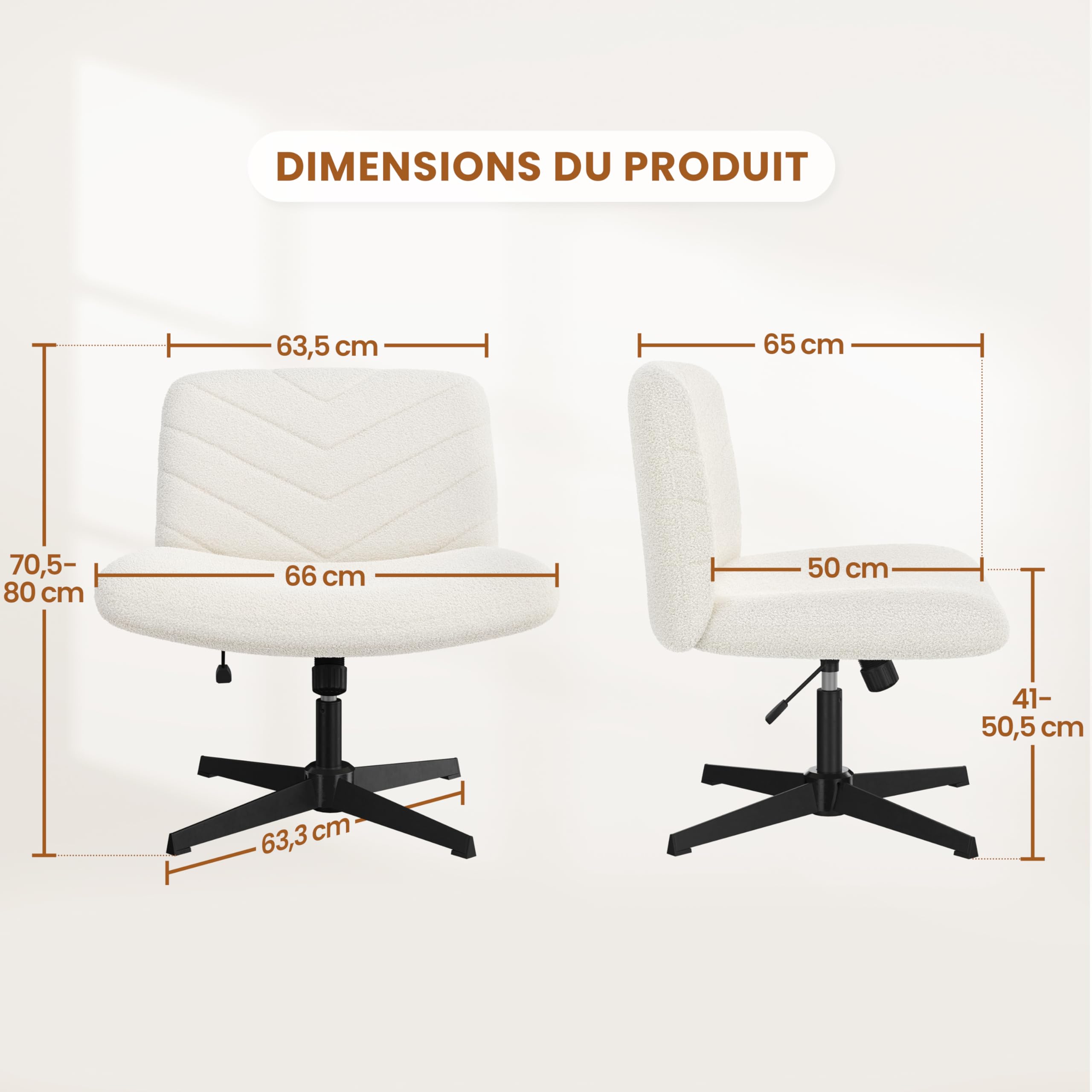 Yaheetech Chaise de Bureau sans roulettes, Fauteuil de Bureau sans Accoudoirs avec Large Assise, Fauteuil Pivotant en Tissu Bouclette, Chaise Réglable en Hauteur, pour Bureau Chambre, Ivoire