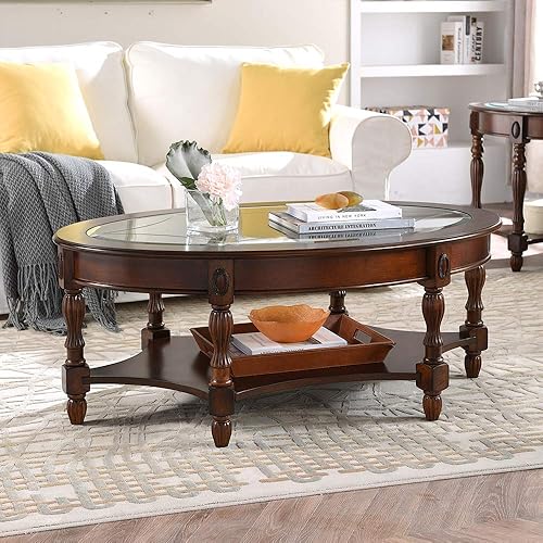 Miniatura 29 de PADMA HOUSE Mesa de sofá semicírculo tradicional de madera maciza con tapa de vidrio templado para sala de estar, nogal cereza