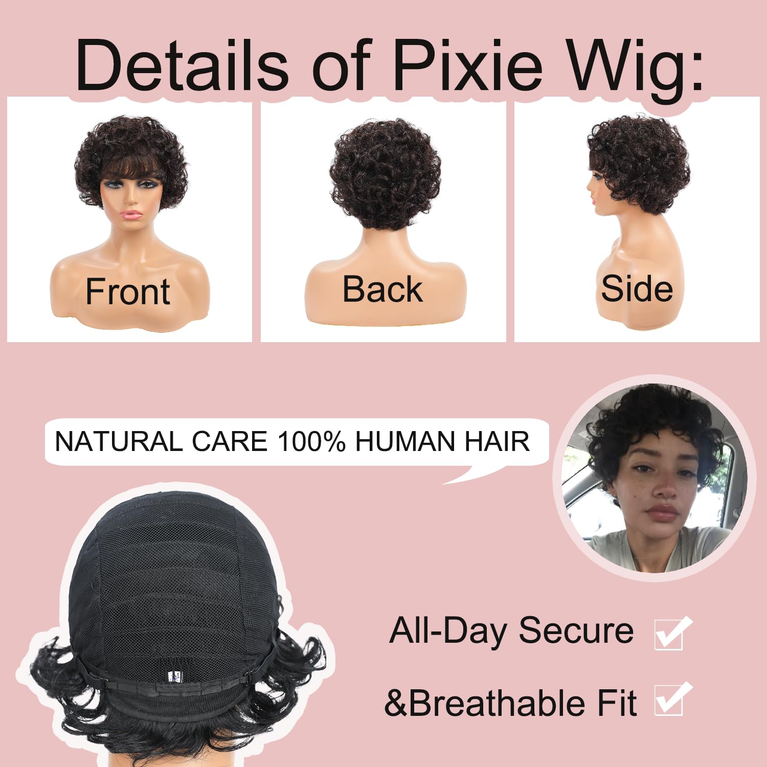 Pixie Cut Wig Human Hair Glueless Short Wig with Bangs 100% Real Human Hair Pixie Cut Wig Ready to Wear Layered Pixie Style Beginner Friendly #2Natural Brown