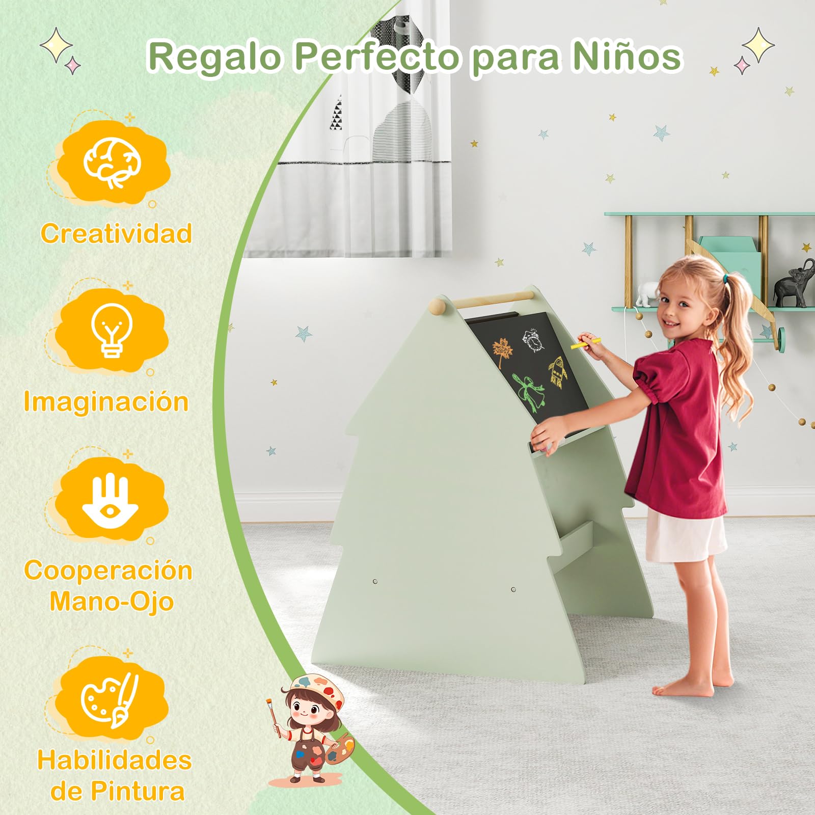 GOPLUS Juego de Caballete y Silla para Niños, Caballete con Pizarra Doble Cara, Mesa y Silla de Dibujo para Niños, con Bobina y Estante para Materiales, Caballete con Forma de Árbol para Pintar
