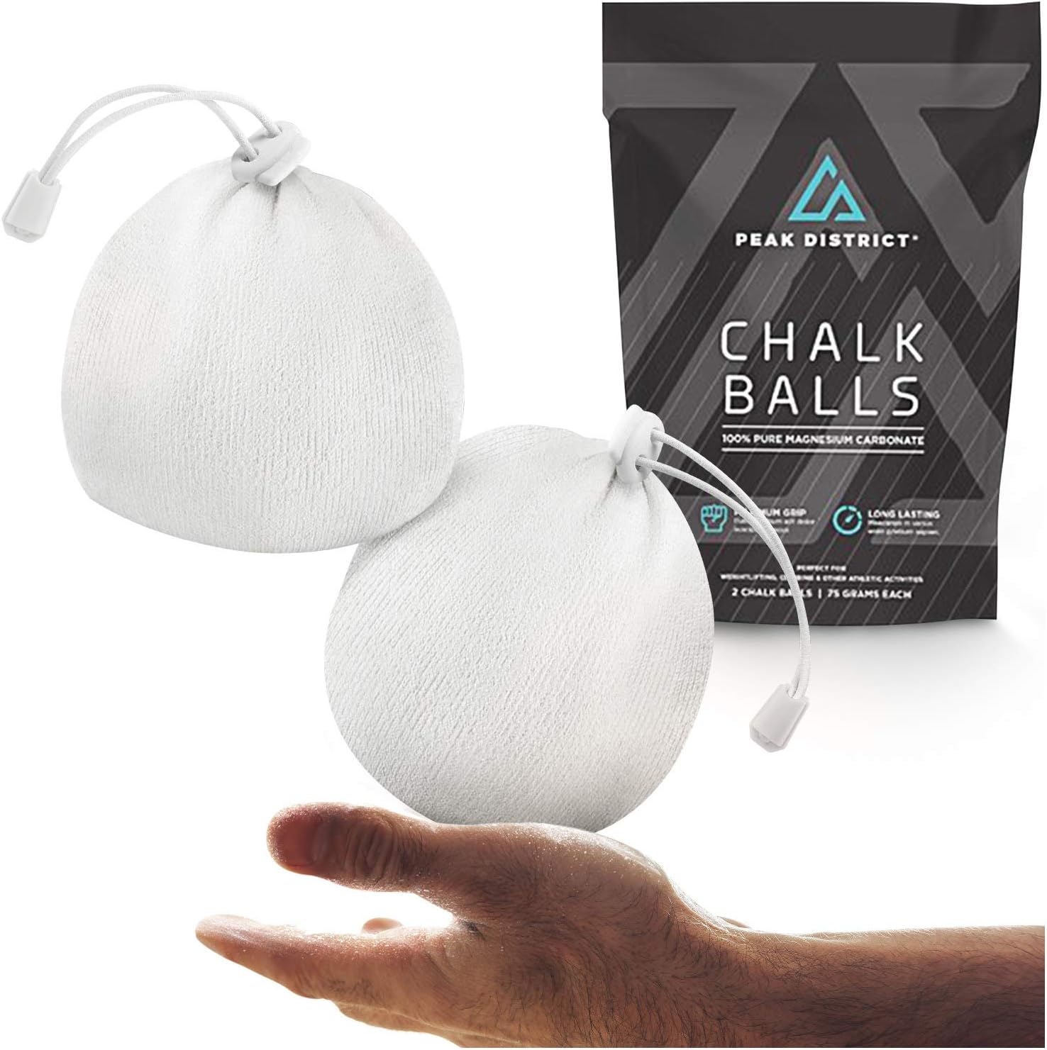 PEAK DISTRICT Magnesium Carbonate (2 Pack /75g ea) Athletic Chalk Ball, Stealth Powder for Rock Climbing, Lifting, Gymnastics, Bouldering, Gym, Tennis, Pool - Firm Hand Grip - 2.7 Ounce/Bulk 150 Gram