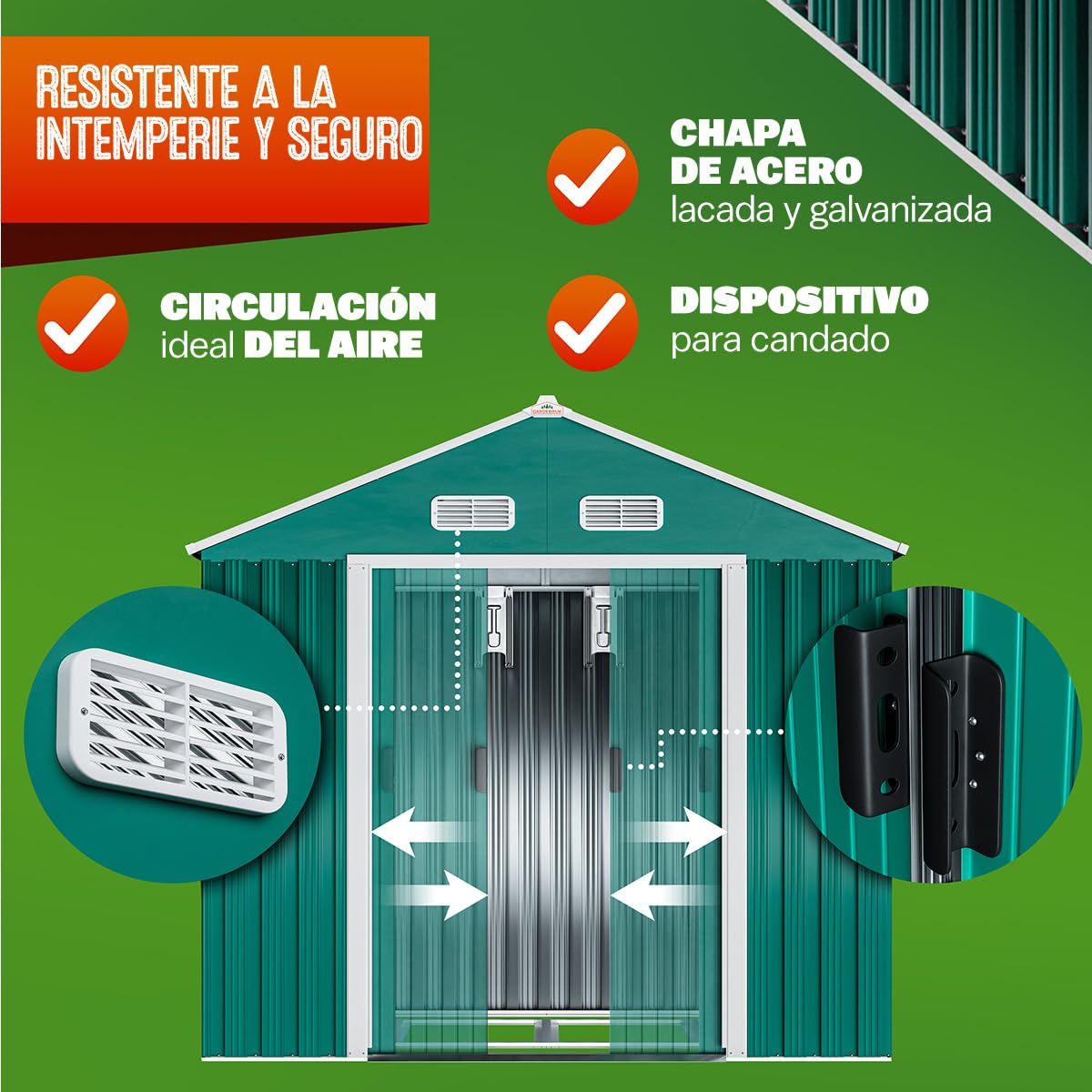 GARDEBRUK® Cobertizo de Jardín Exterior con Base 2m² Caseta Acero Galvanizado 200x135x190cm XL Puerta Corredera Techo Dos Aguas Ventilación Resistente Intemperie Almacenamiento Orden 4 Ganchos Verde