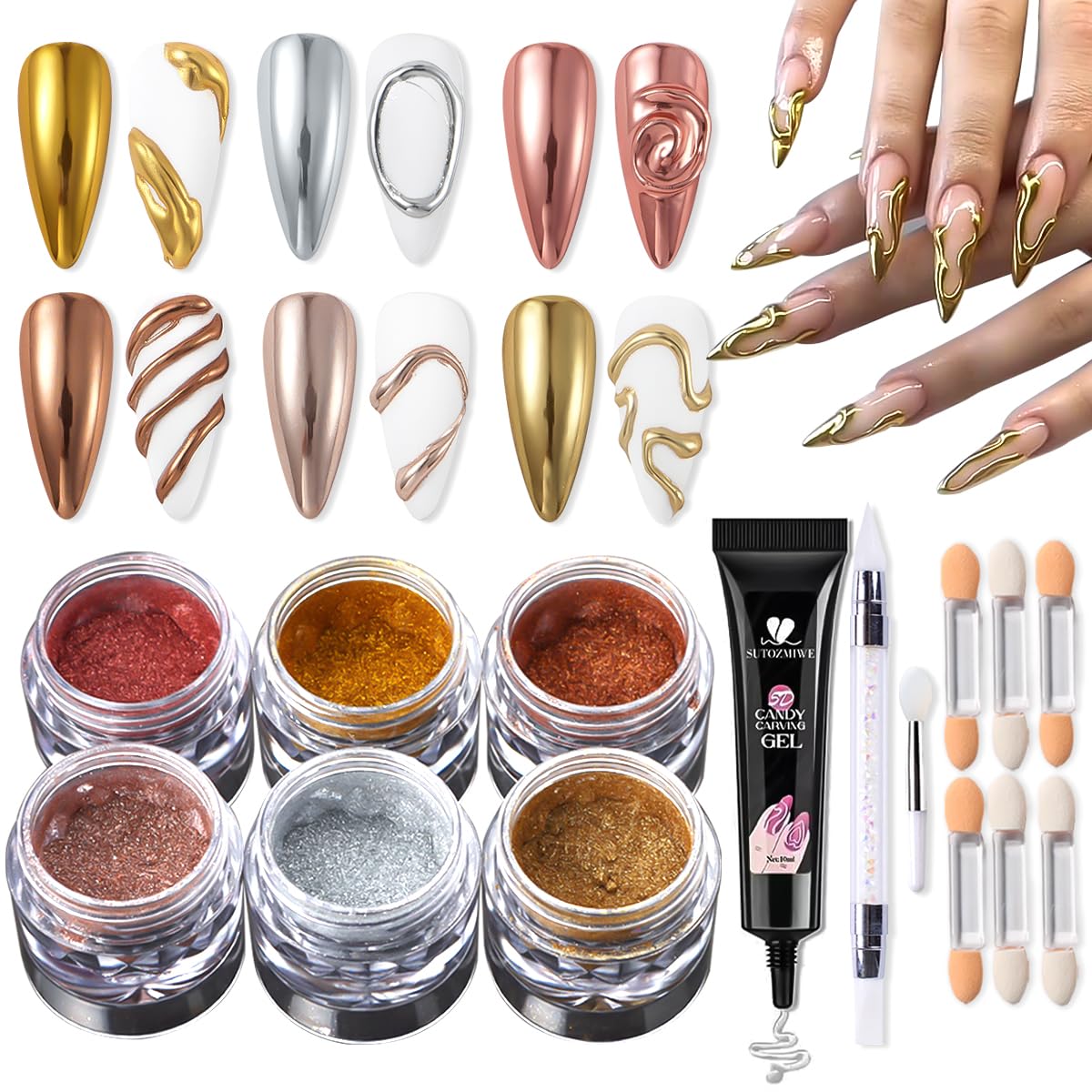 SUTOZMIWE Chrome Nail Powder Metallic Gold And Silver, Magic Mirror Effect Pigment Glitter Rubbing Dust, 3D Carving Nail Molding Gel & Holographic Dip