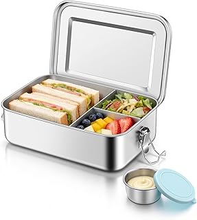 TeamFar Stainless Steel Bento Box, 47oz/1400ml Lunch Box for Adults/Kids | with Blue Condiment Container, 3 Compartment Food Storage Container for School/Work, Leak-Proof & Dishwasher Safe