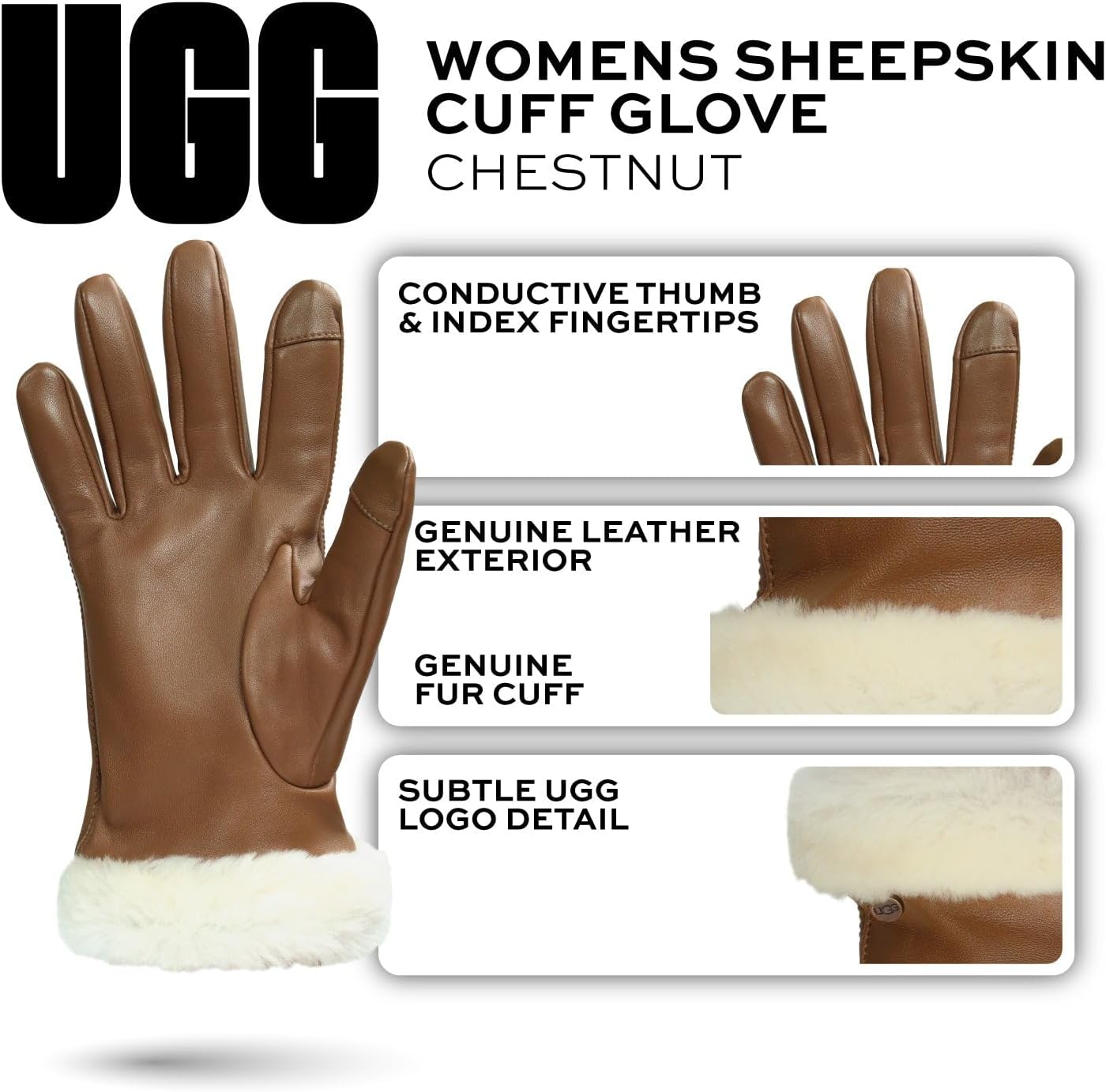 UGG Women’s Sheepskin Cuff Gloves with Touchscreen Fingertips, Genuine Leather Exterior, Fur Trim, and Logo Detail - Image 6