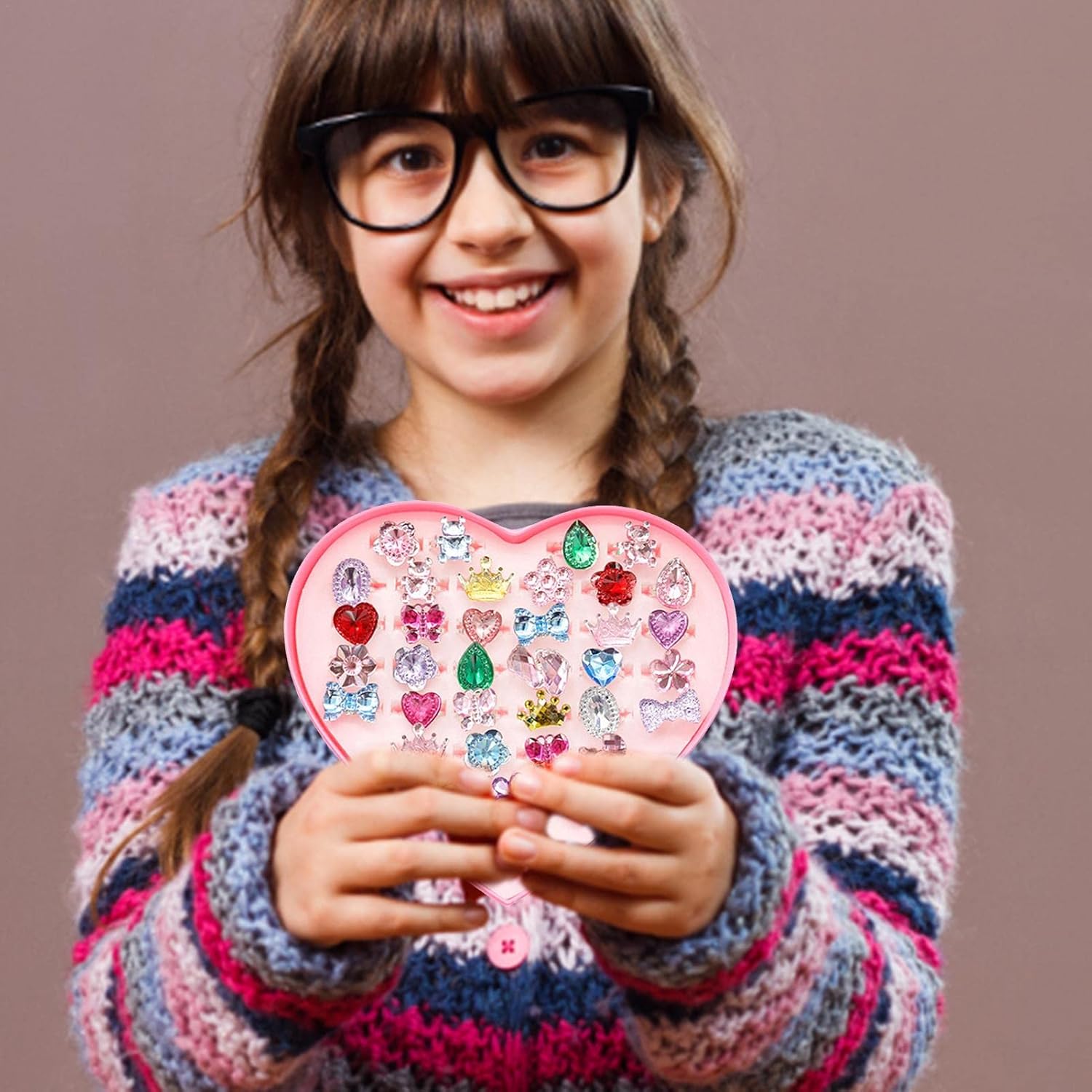 36 Diamonds Children's Jewelry Rings - Little Girl Adjustable Rings in Box | Gem Rings Set with a Heart Shape Box, Pretend and Dress-up Rings for, Xiatiam