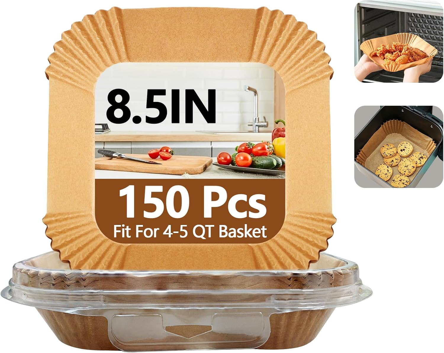 9 Inch Air Fryer Paper Liner Disposable, 200PCS Non-Stick, Oil-Proof & High-Temperature Resistant Square Baking Parchment Paper for Air Fryer, Microwave and Oven（Bottom Is 8 Inch）