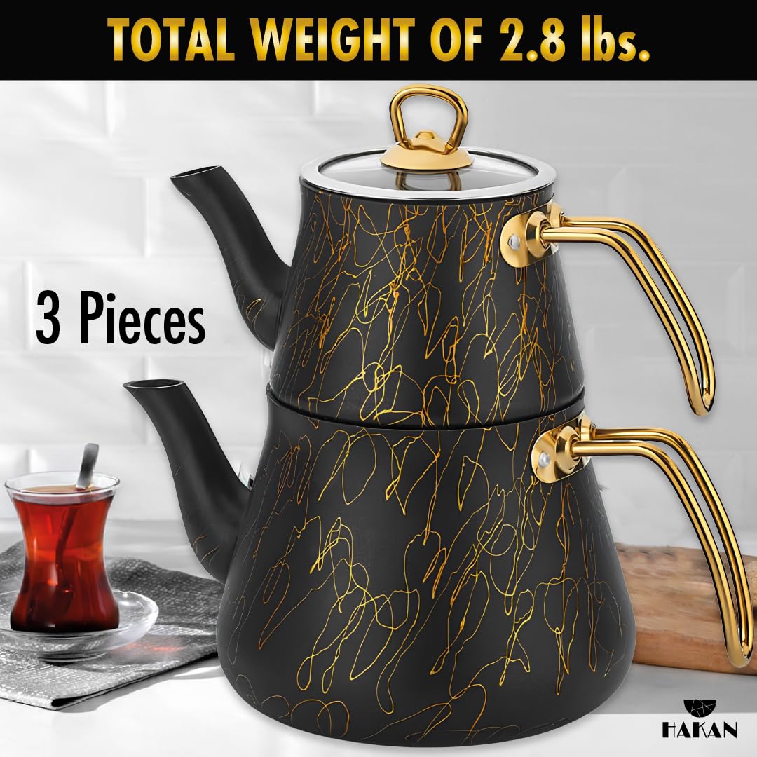 Hakan Set Teiera Turca In Granito Nero E Oro, Doppia, 1200 Ml, Con Manico Fresco, Per Gas Ed Elettrico - 3