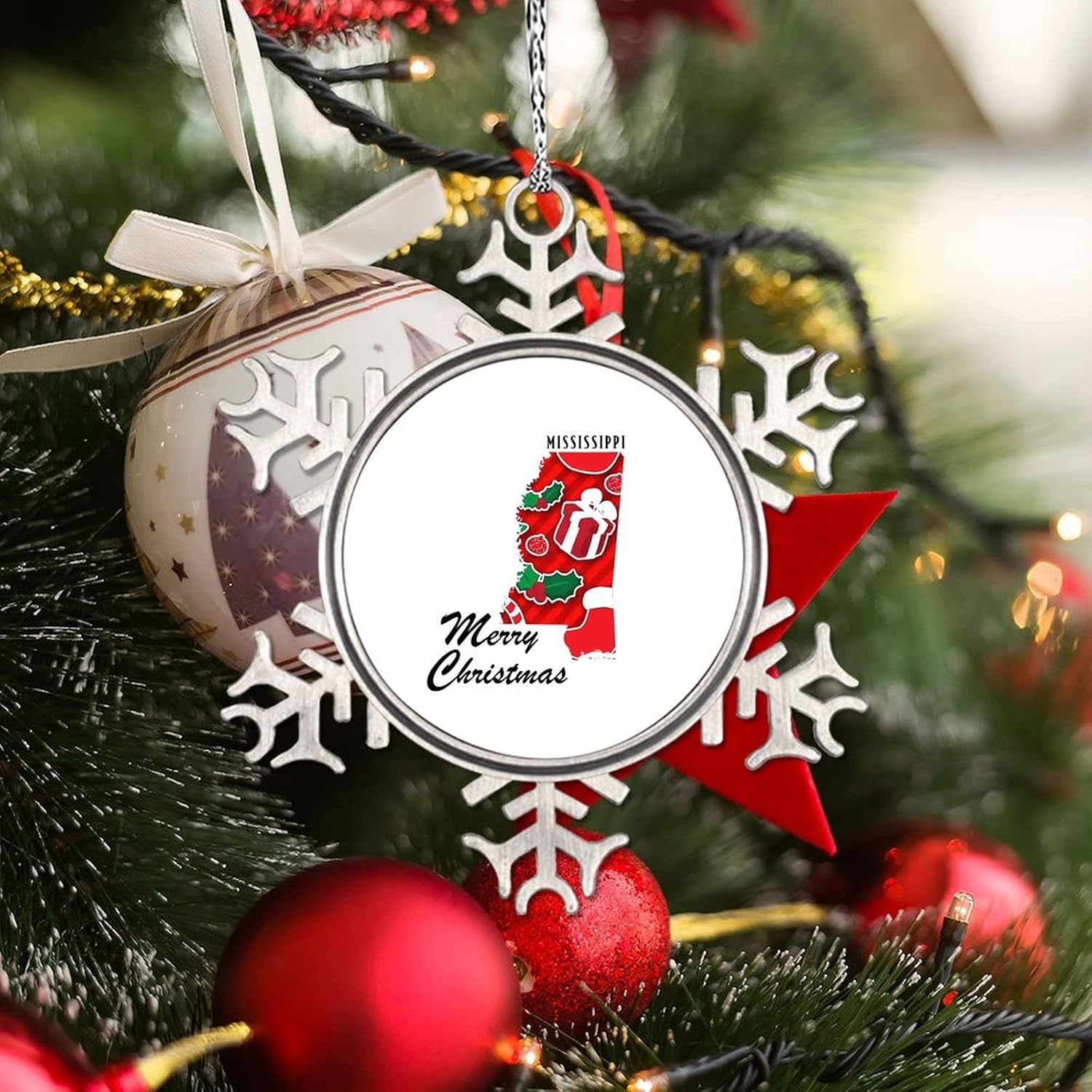Snowflake Ornaments Mississippi Home State Personalized Christmas Ornaments 2022 Merry Christmas Christmas Tree Ornaments Metal Souvenir Xmas Tree Hang Pendant Exchange Long Distance Gift 3 Inch