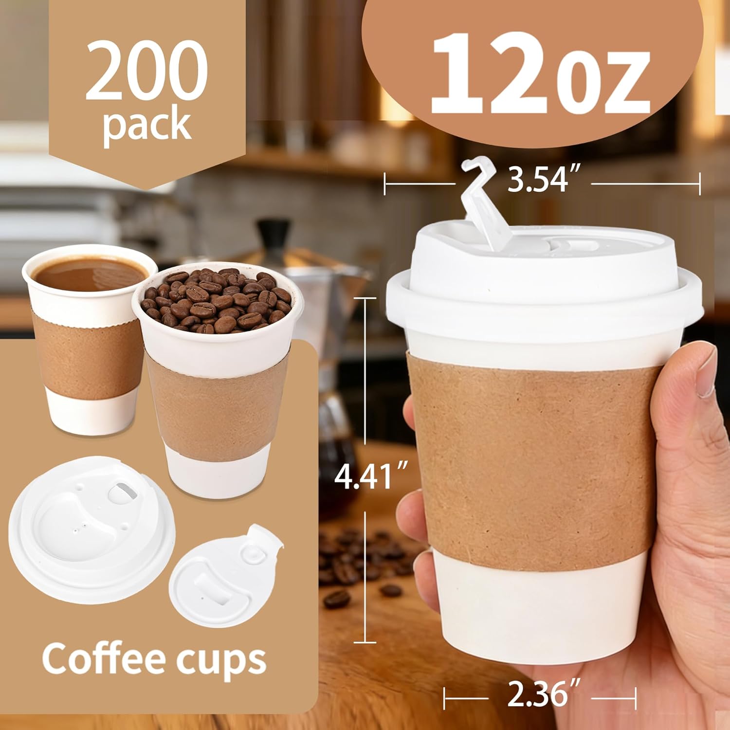 【200 Pack 12 oz coffee cups with lids,disposable coffee cups with lids,Sleeves, and Stirrers,Hot/Cold Beverage Drinking Cup for Water, Juice or Tea, Suitable for Home, Shops and Cafes