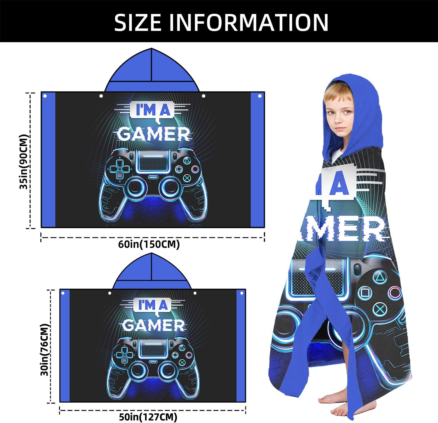 Large Gaming Beach Towels for Boys Hooded Bath Towels for Kids Ages 7-10,Gamer Kids Hooded Bath Towels Wrap for Toddler 35x60 inch Black Blue Video Games for Kids Towels for Beach Pool Swim
