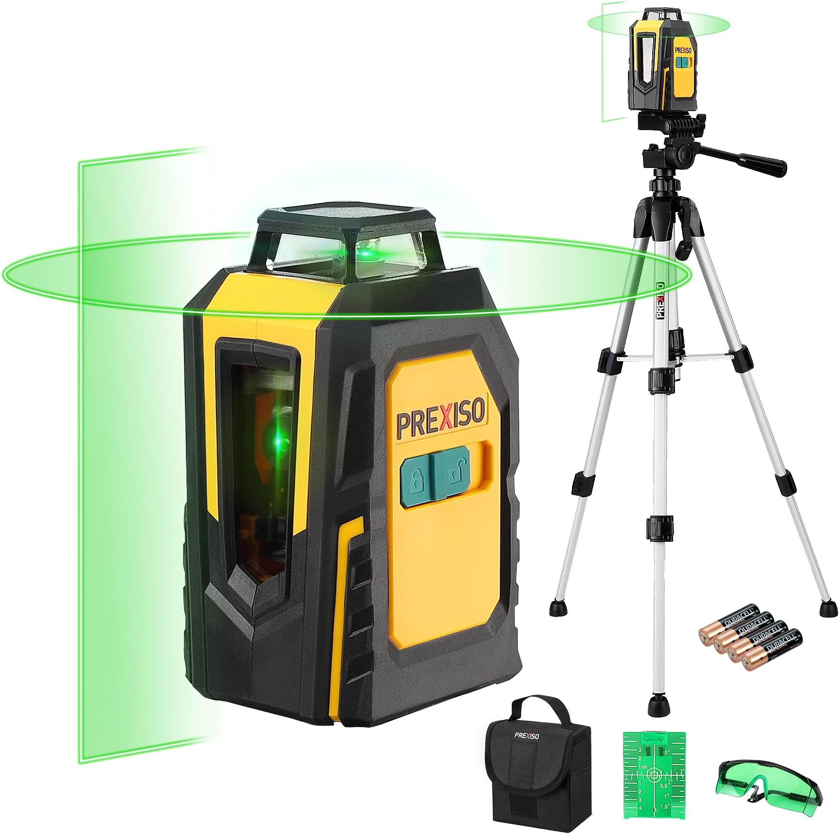 - 360° Laser Level with Tripod, 100Ft Self Leveling Cross Line Laser- Green Horizontal Line for Construction, Floor Tile, Renovation with Target Plate, Green Glasses, Carry Bag, 4 AA Batteries
