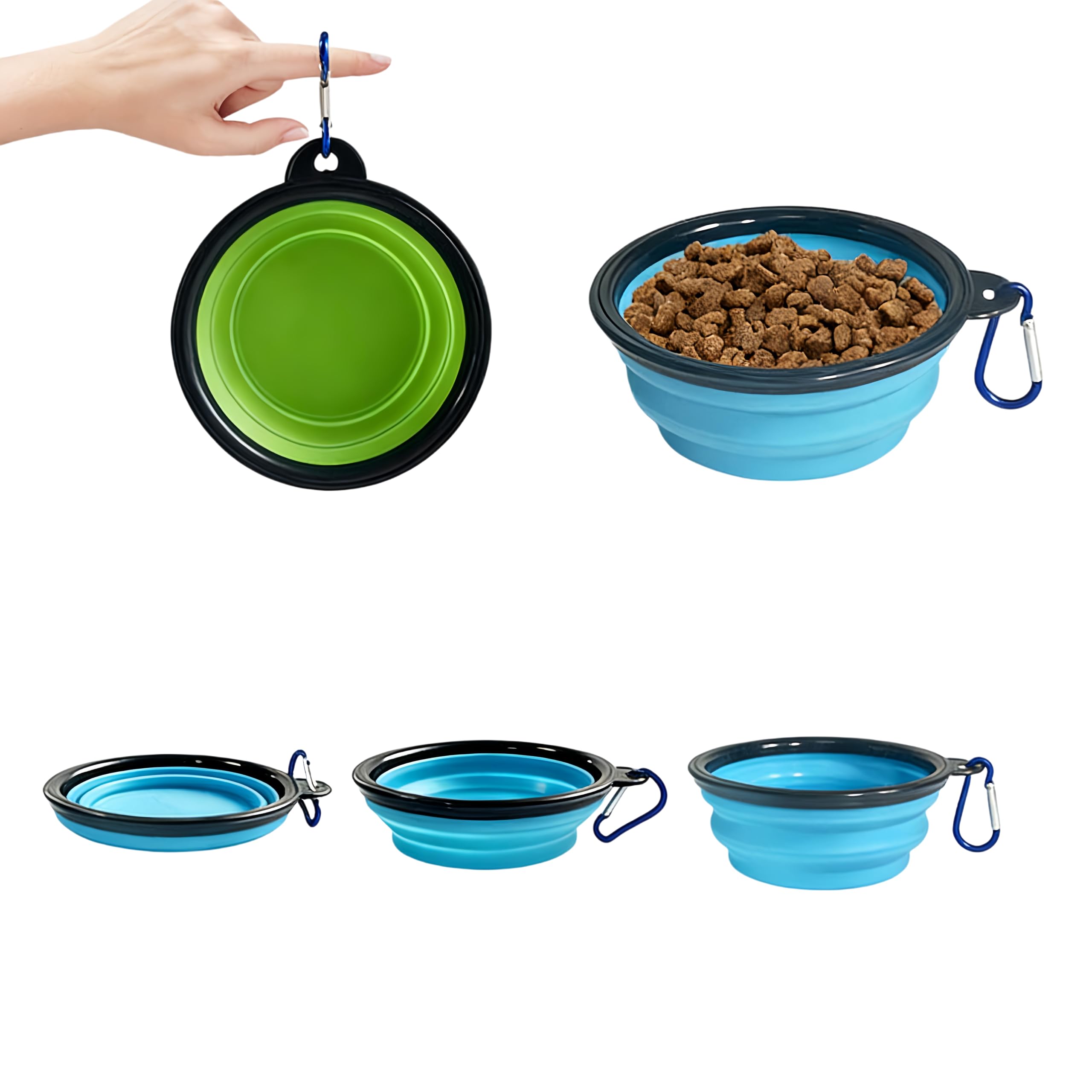 RQzaufania 2-pack Large Foldable Dog Bowls with Carabiners, Portable Pet Food and Water Bowls, One-piece Molded Rim to Prevent Collapse. Suitable for Outdoor use (Green and Light Blue)