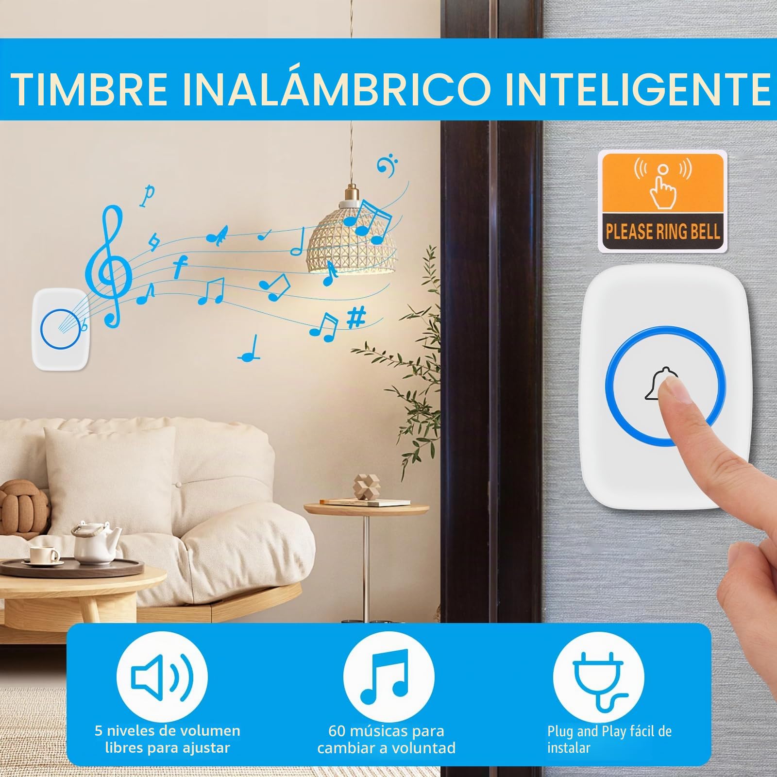 VFANDV Timbre Inalámbrico Exterior Impermeable, IP44 Impermeable Doorbell 300M, Kit de Timbre Inalambrico, 5 Niveles de Volumen y 60 Melodías, Indicador LED para Hogar, Salón, Oficina (Blanco)