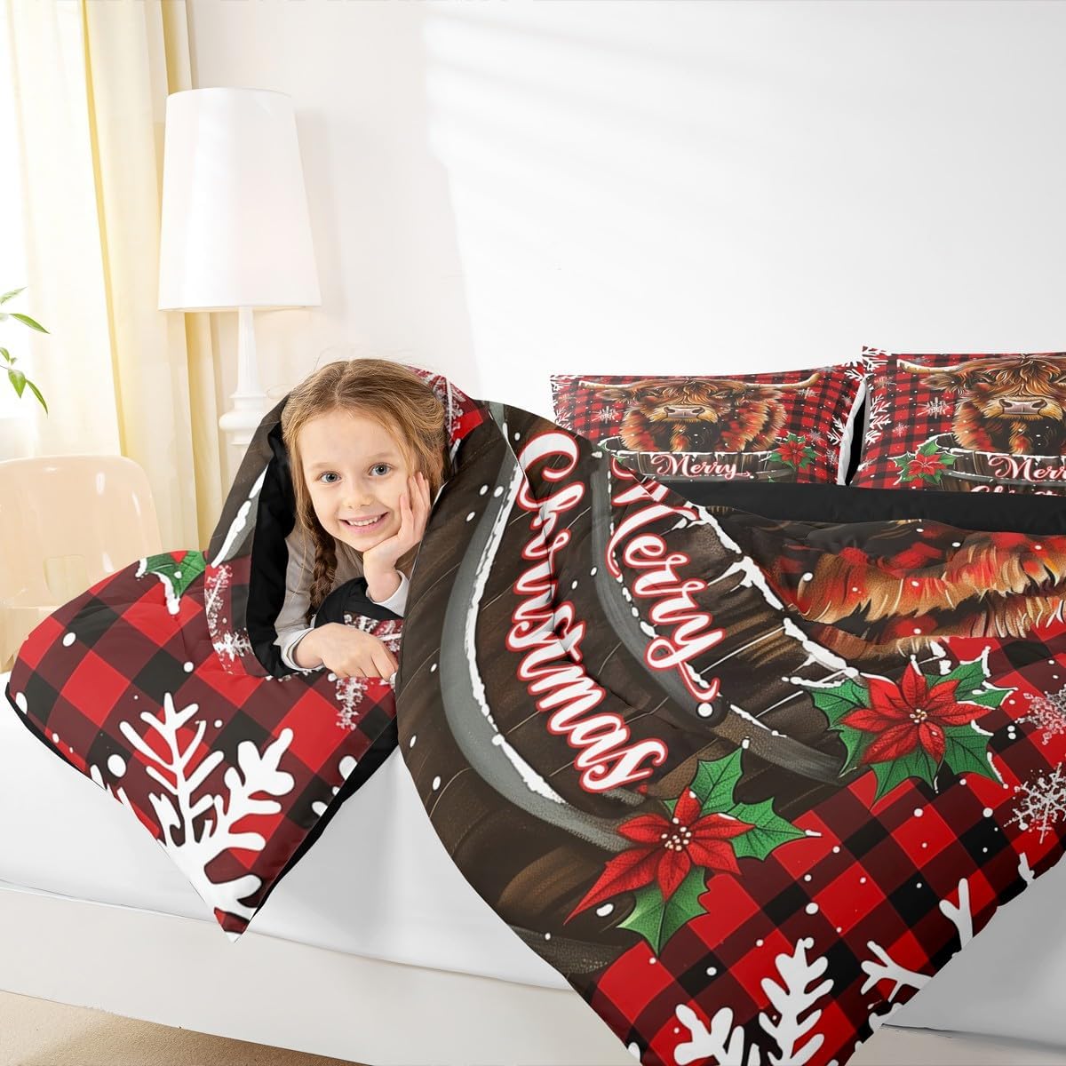 Erosebridal Christmas Highland Cow Comforter Set King Xmas Farm Animal Bedding Set Rustic Buffalo Plaid Comforter for Kids Boys Girls,Snowflake Christmas Leaf Quilt Duvet