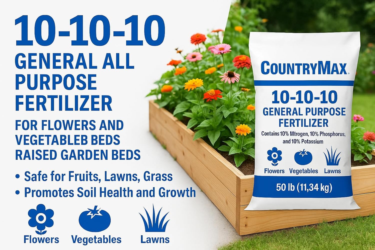 10-10-10 General All Purpose Fertilizer for Flowers and Vegetable Beds - Raised Garden Beds - Safe for Fruits, Lawns, Grass - Promotes Soil Heath and Growth (10 Pounds)