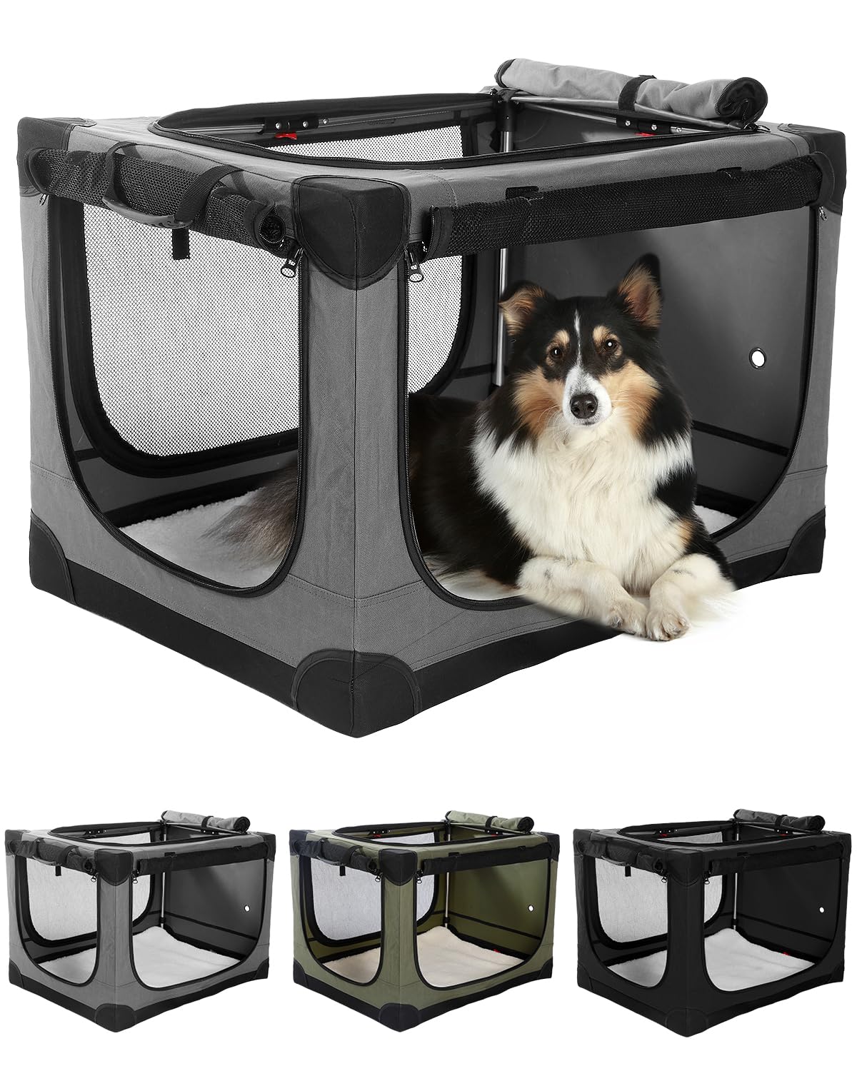 Lexixi ibao Collapsible Travel Dog Crate,Quick-Setup Portable Soft Dog 106 * 78 * 78CM Kennel for Large Dogs up to 36kg, 4-Door Foldable Travel Crate with Storage Bag,Grey