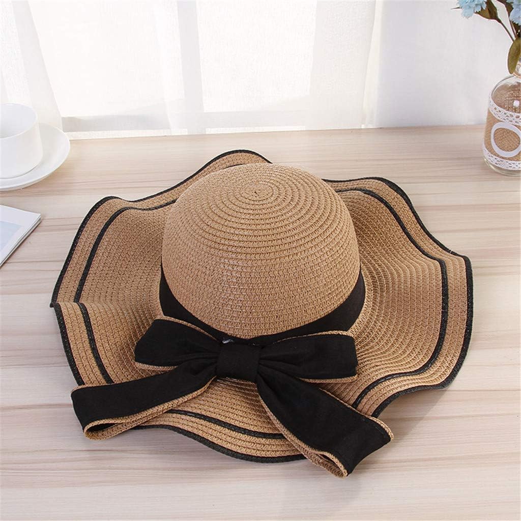 Womens Floppy Straw Sun Hat Wide Brim with Adjustable Chin Strap, Lightweight Beach Fedora Hat for Travel, Gardening