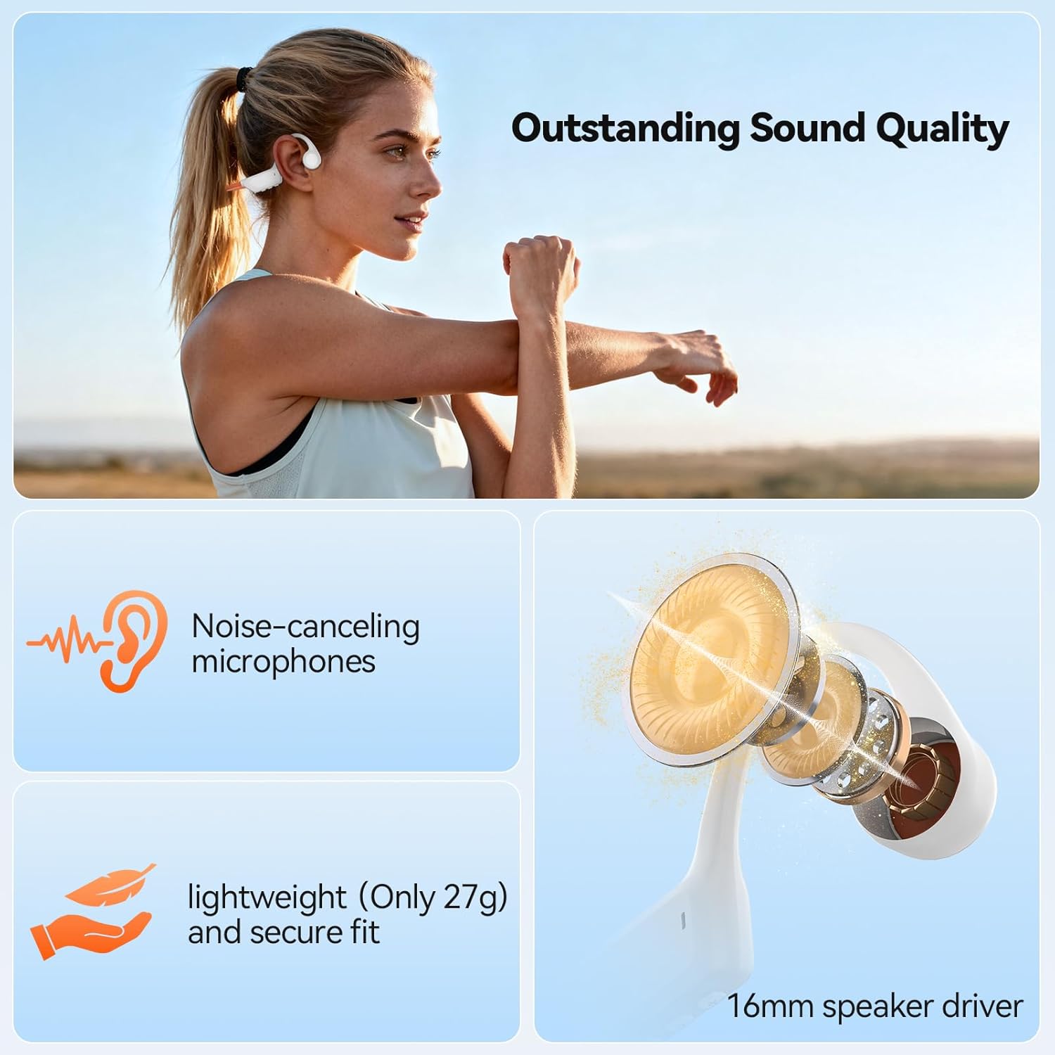 TECKNET Bone Conduction Headphones, Bluetooth V6.0 Open Ear Wireless Headphones, 10H Playtime & IPX5 Sweat Resistant, Secure Comfortable Fit Built-in Mic, Sports Earbuds for Running & Workout, White