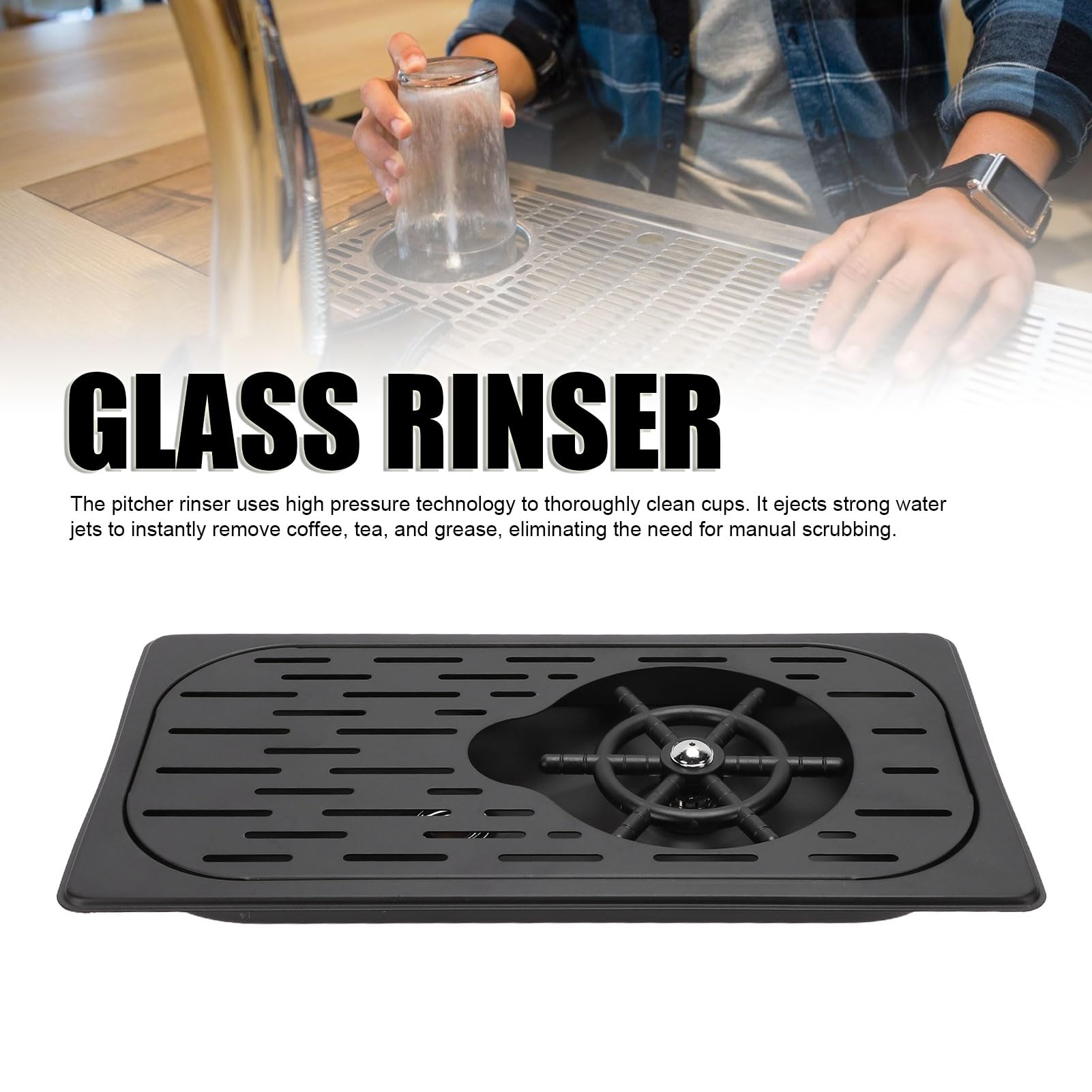 Enjuagador de Vidrio, Lavavasos Automático de Acero Inoxidable, Limpiador de Botellas para Fregadero con Bandeja de Drenaje, Ideal para el Hogar, Cocina, Cafetería (BLACK)