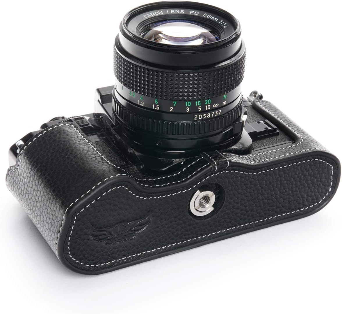 A-1 Case, BolinUS Handmade Genuine Real Leather Half Camera Case Bag Cover for Canon New AE-1 AE-1P A-1 (with Handle) Camera with Hand Strap (Black)