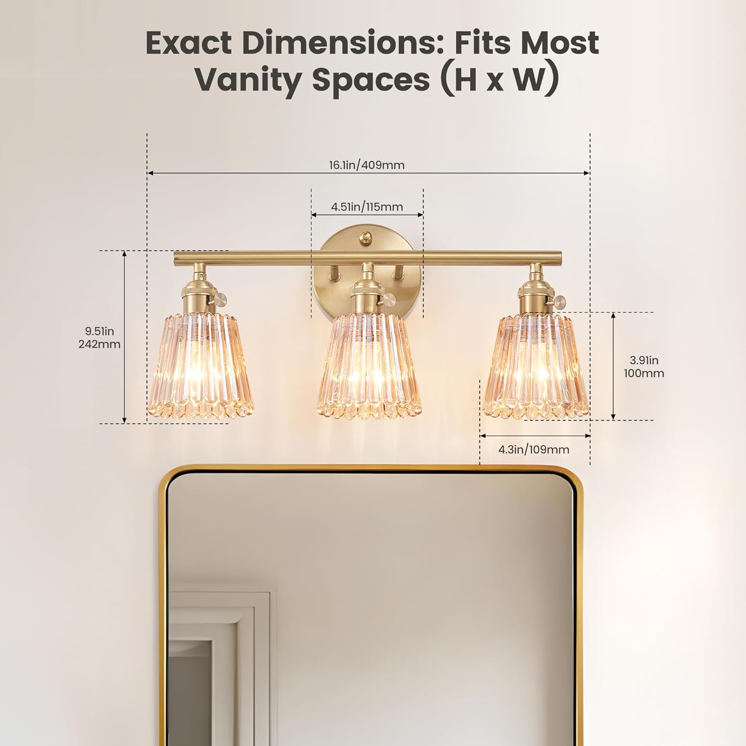 3-Light Bathroom Vanity Light, Brushed Brass Gold Vintage Wall Sconce with Individual Switch Control, Vintage Bathroom Light fixtures Over Mirror for Bedroom, Living Room Hallway
