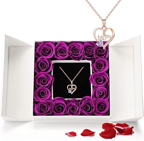 Hoarosall El juego de regalos de rosas preservadas incluye collar de plata de ley 925 con diseño de mamá, día de la madre, cumpleaños, Navidad, San