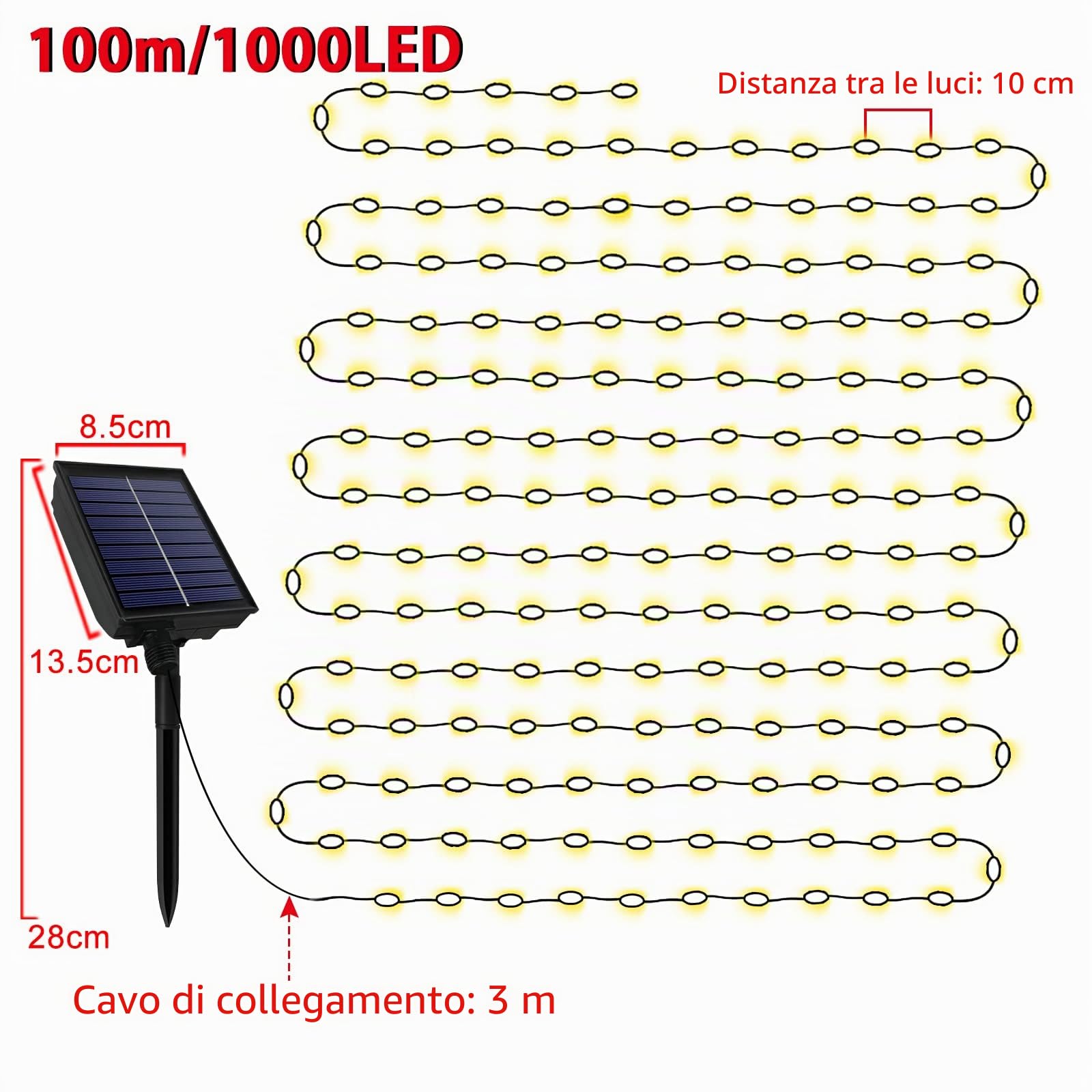 FIVMEN Catena di luci solari per esterni, 100 m, 1000 LED, per esterni, resistente alle intemperie, impermeabile, IP44, con pannello solare e USB, decorazione natalizia, illuminazione per esterni